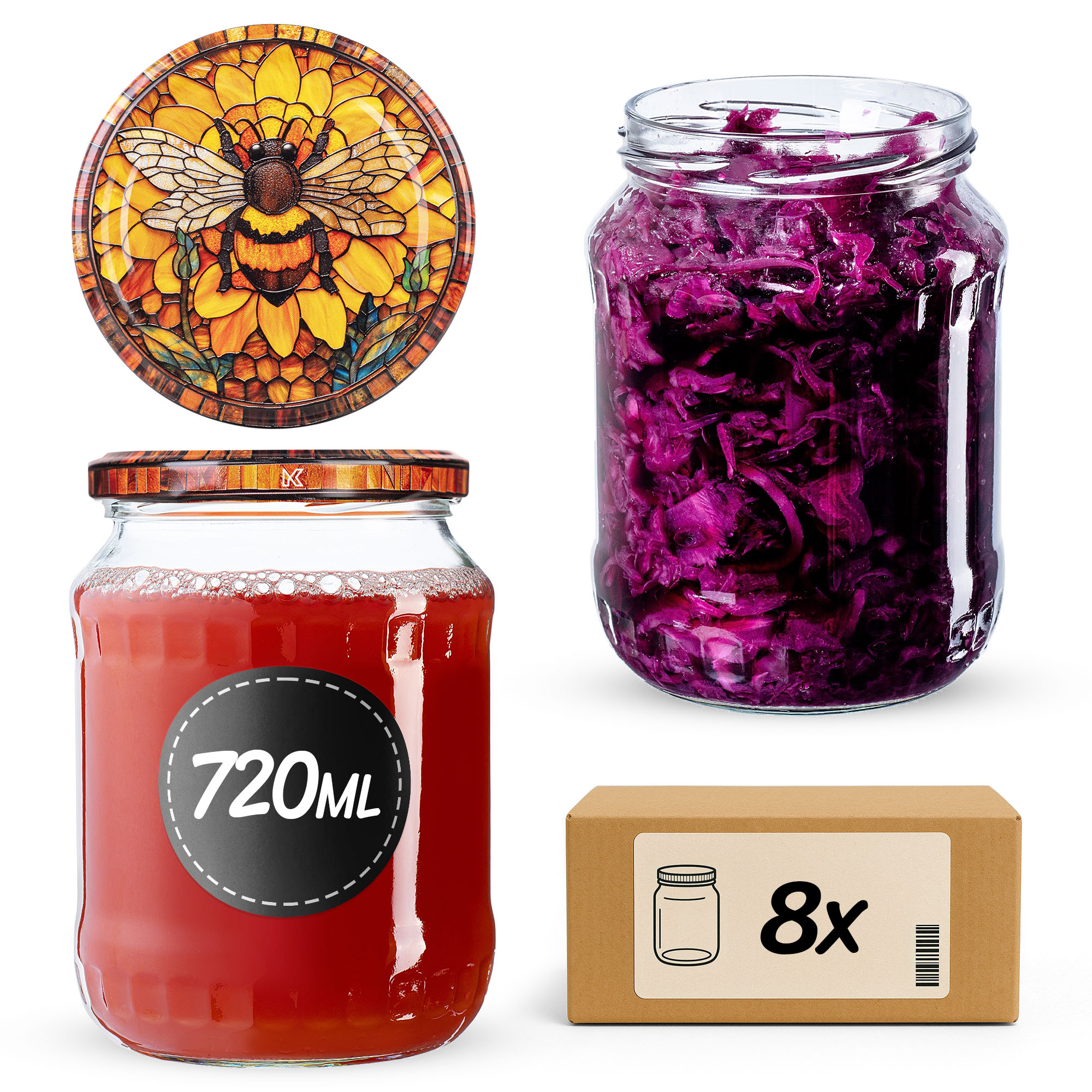 Słoiki na przetwory Jukka 720ml fi82mm 8szt + wieczko Bee of the fusion