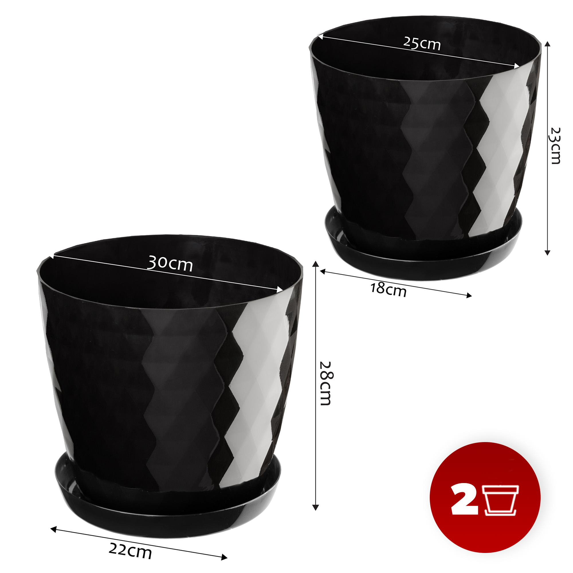Doniczka na kwiaty z podstawką czarna Amily 25 cm + 30 cm, 2 szt.