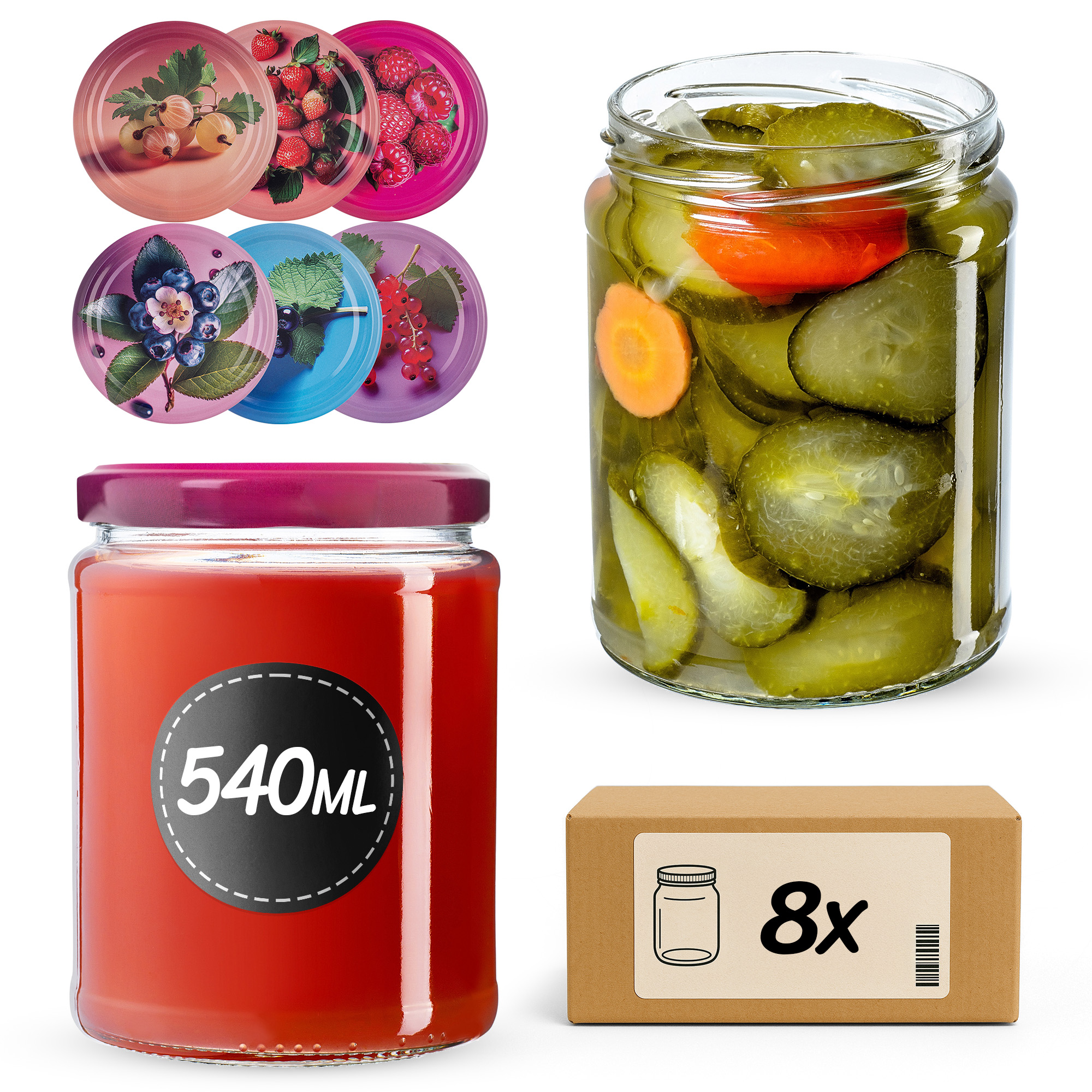 Słoiki na przetwory Maki 540ml fi82mm 8szt + wieczko Jagodowy mix