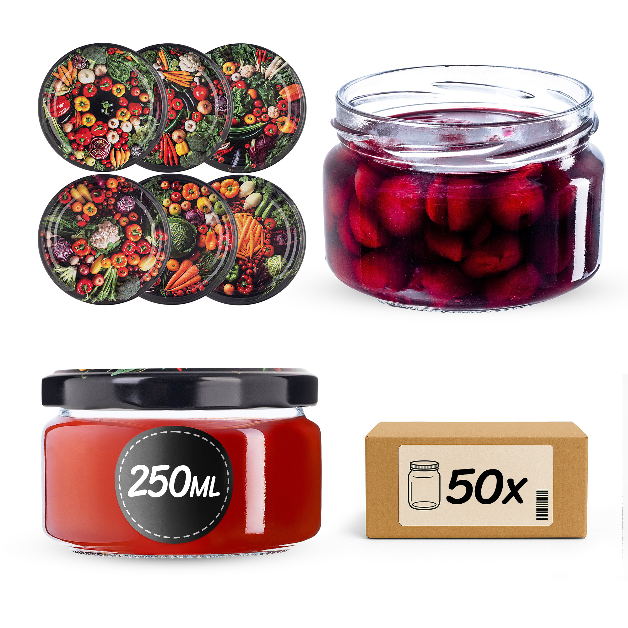 Słoiki na przetwory Denia 250ml 50szt 82mm + wieczko "Warzywa w okręgu"