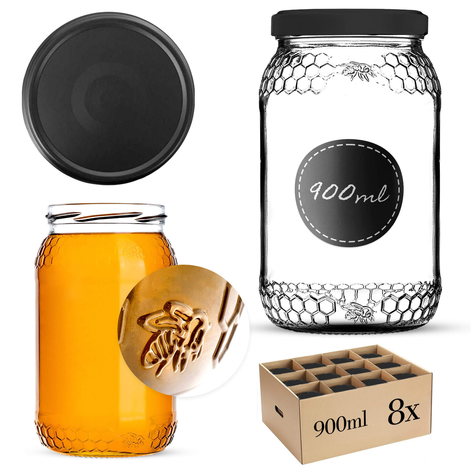 Szklany słój Lierde 900ml 82mm 8 szt. + wieczka "Czarny mat"