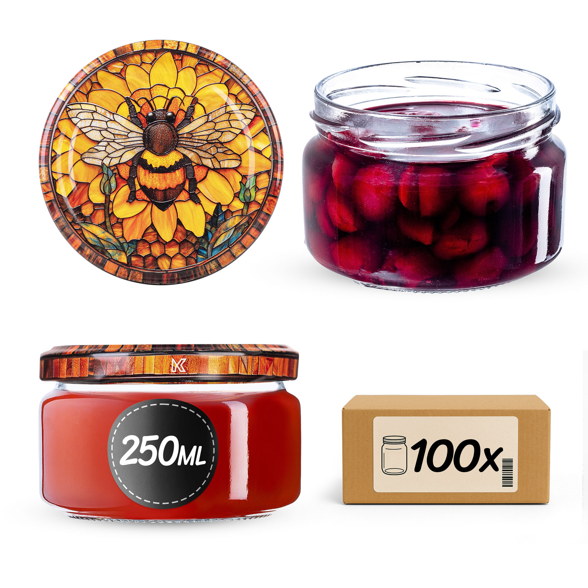 Słoiki na przetwory Denia 250ml 100szt 82mm + wieczko "Bee of the fusion"