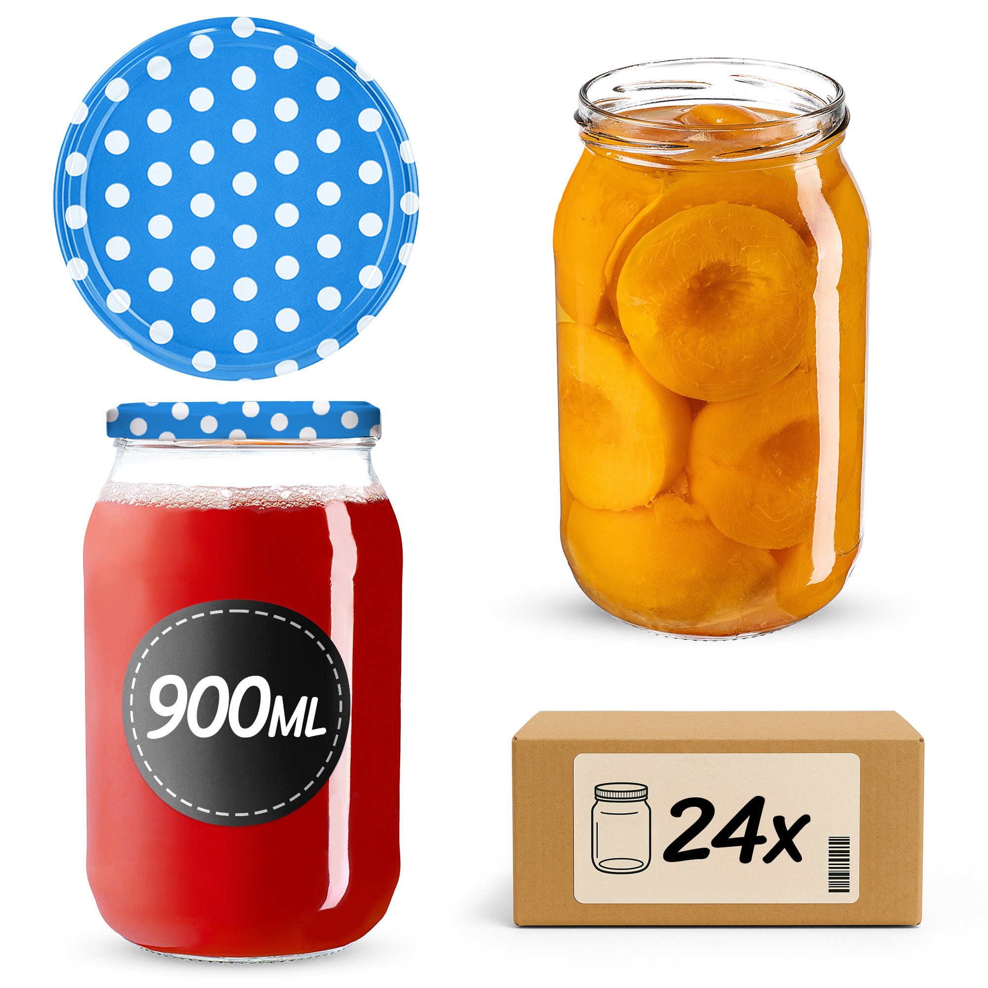 Słoiki na przetwory Simo 900ml fi82mm 24szt + wieczko Groszek niebieski