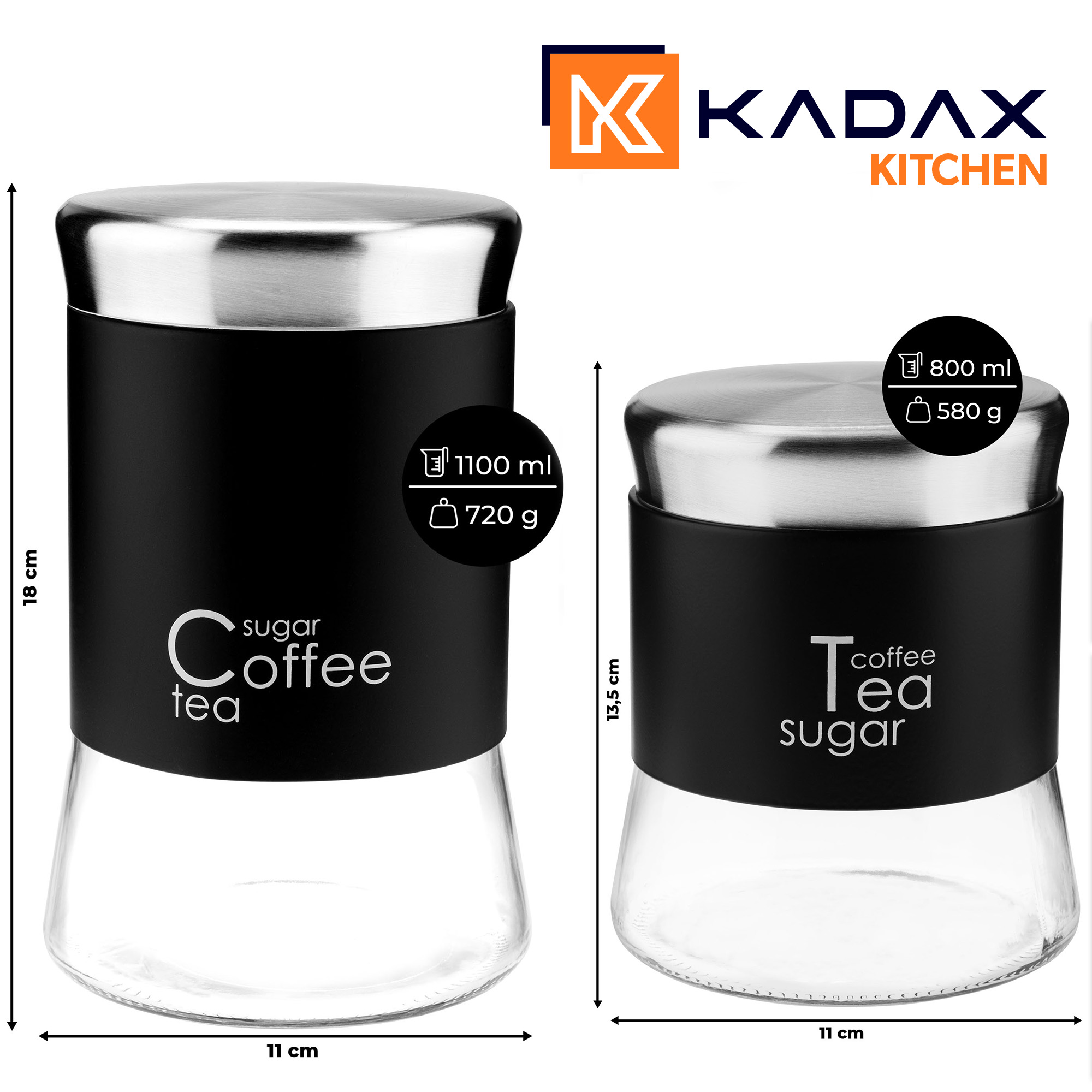 Zestaw pojemników kuchennych 1100 ml + 800 ml, czarne