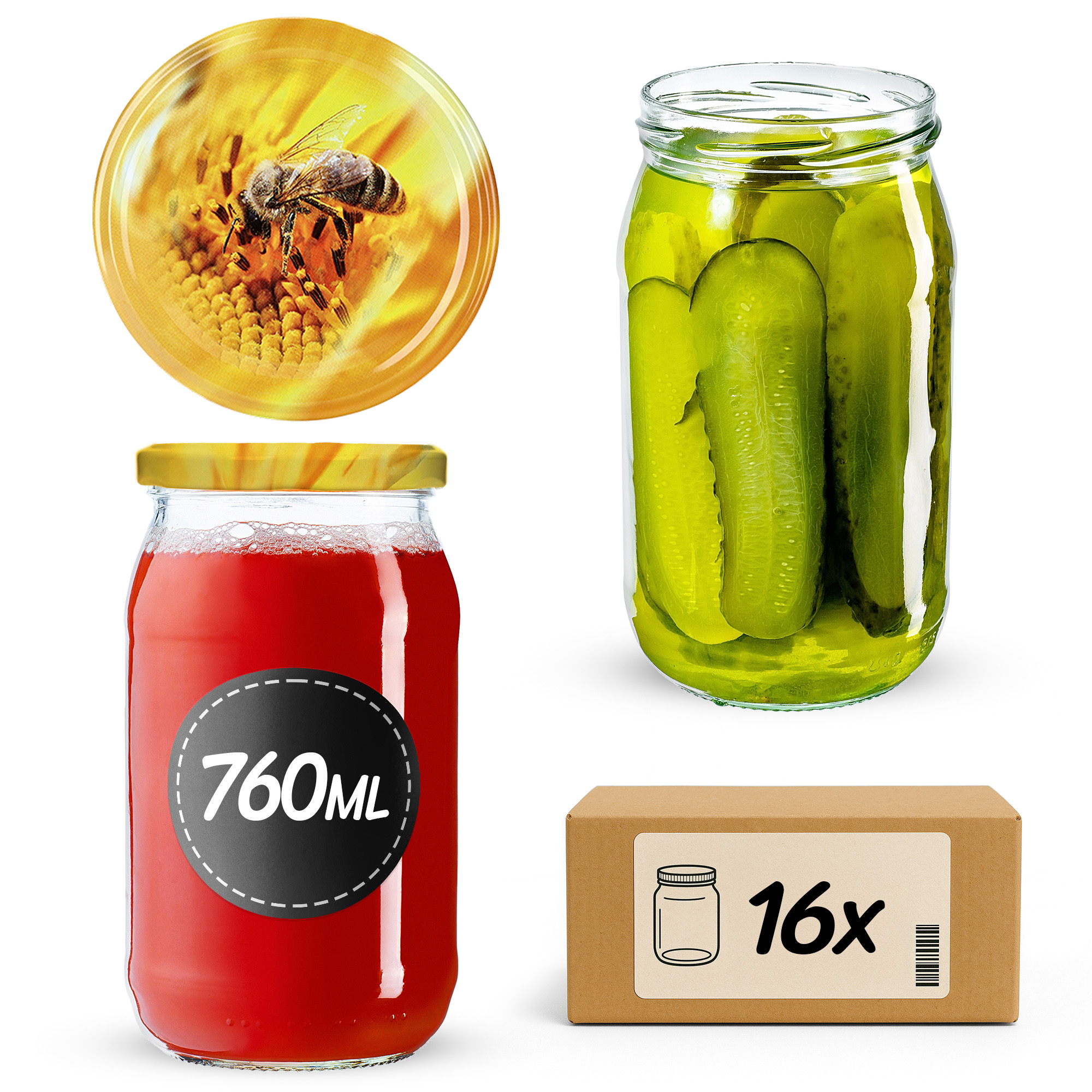 Słoiki na przetwory Niva 760ml 16szt 82mm + wieczka "Pszczoła"
