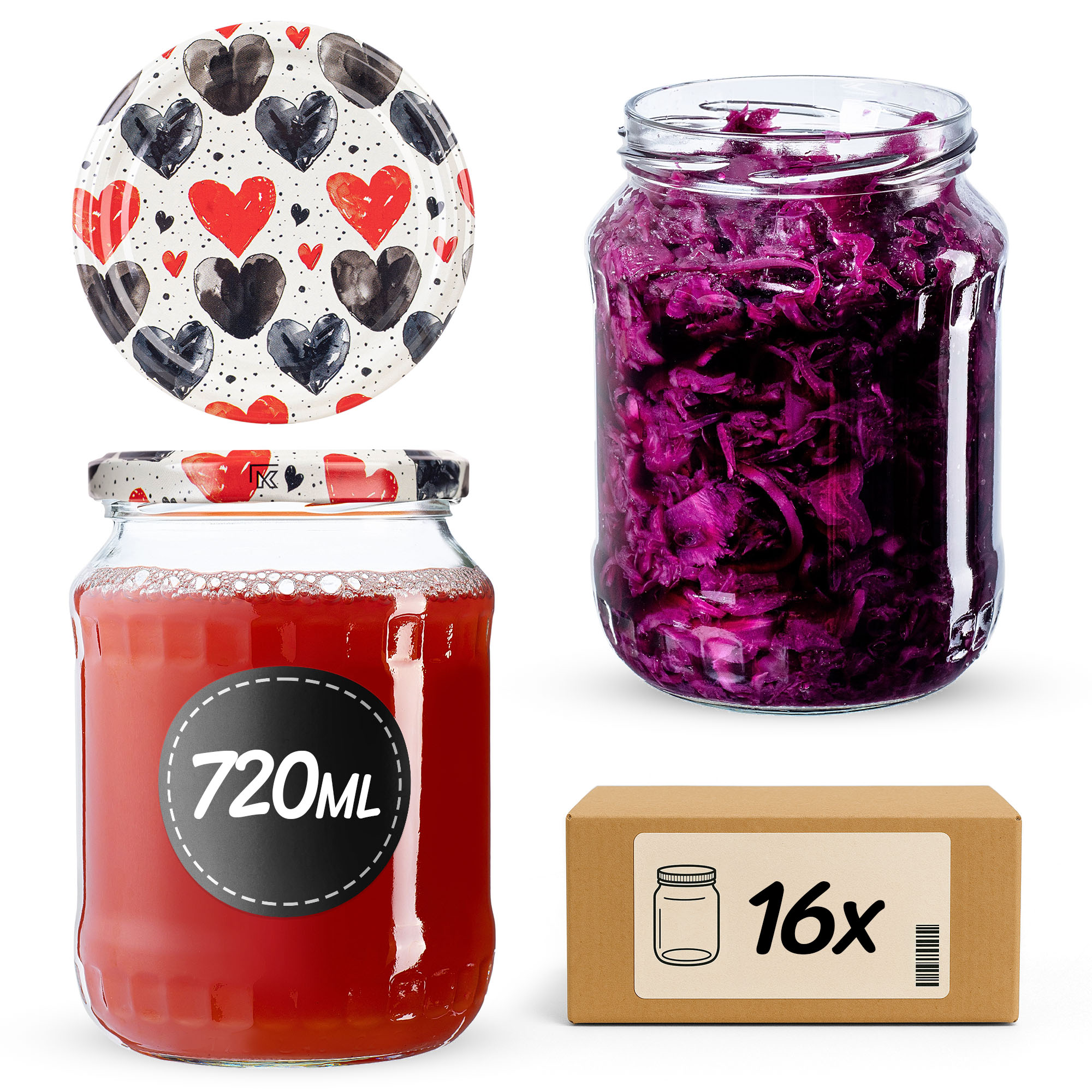 Słoiki na przetwory Jukka 720ml fi82mm 16szt + wieczko Serca