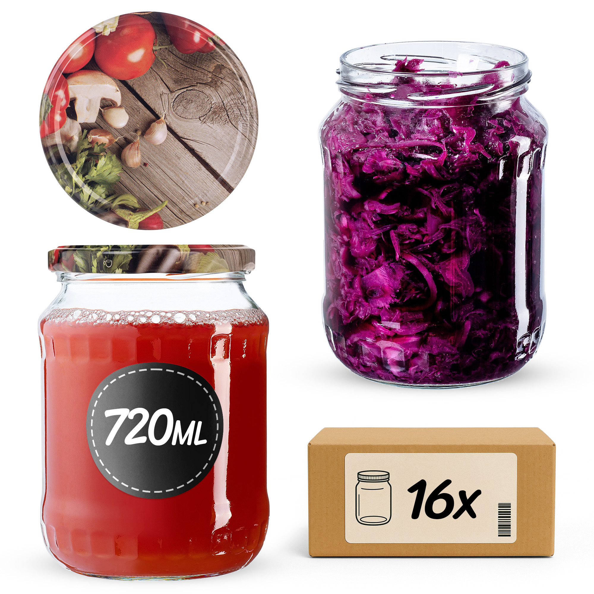 Słoiki na przetwory Jukka 720ml fi82mm 16szt + wieczko Warzywa