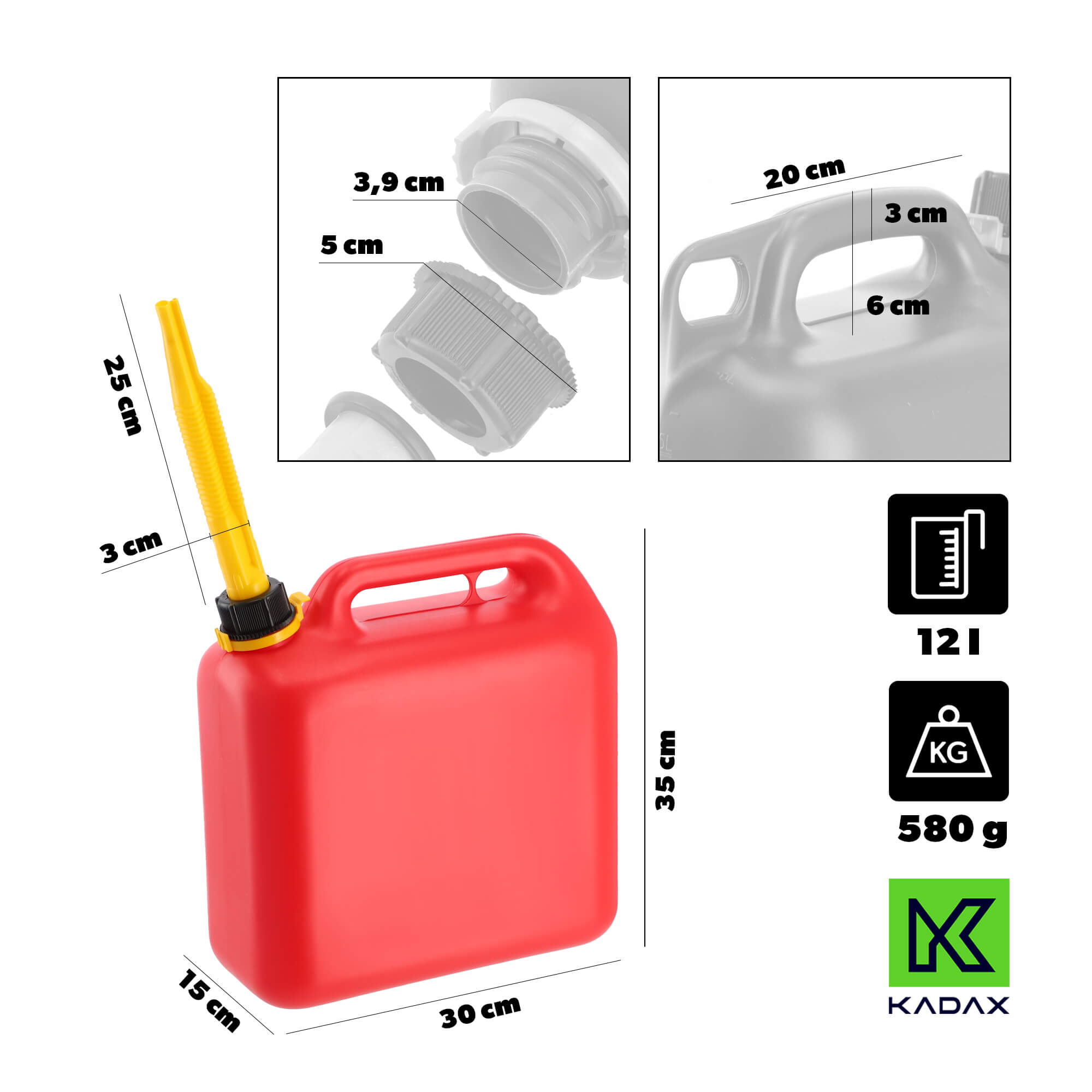 Kanister na paliwo + lejek 12L, czerwony