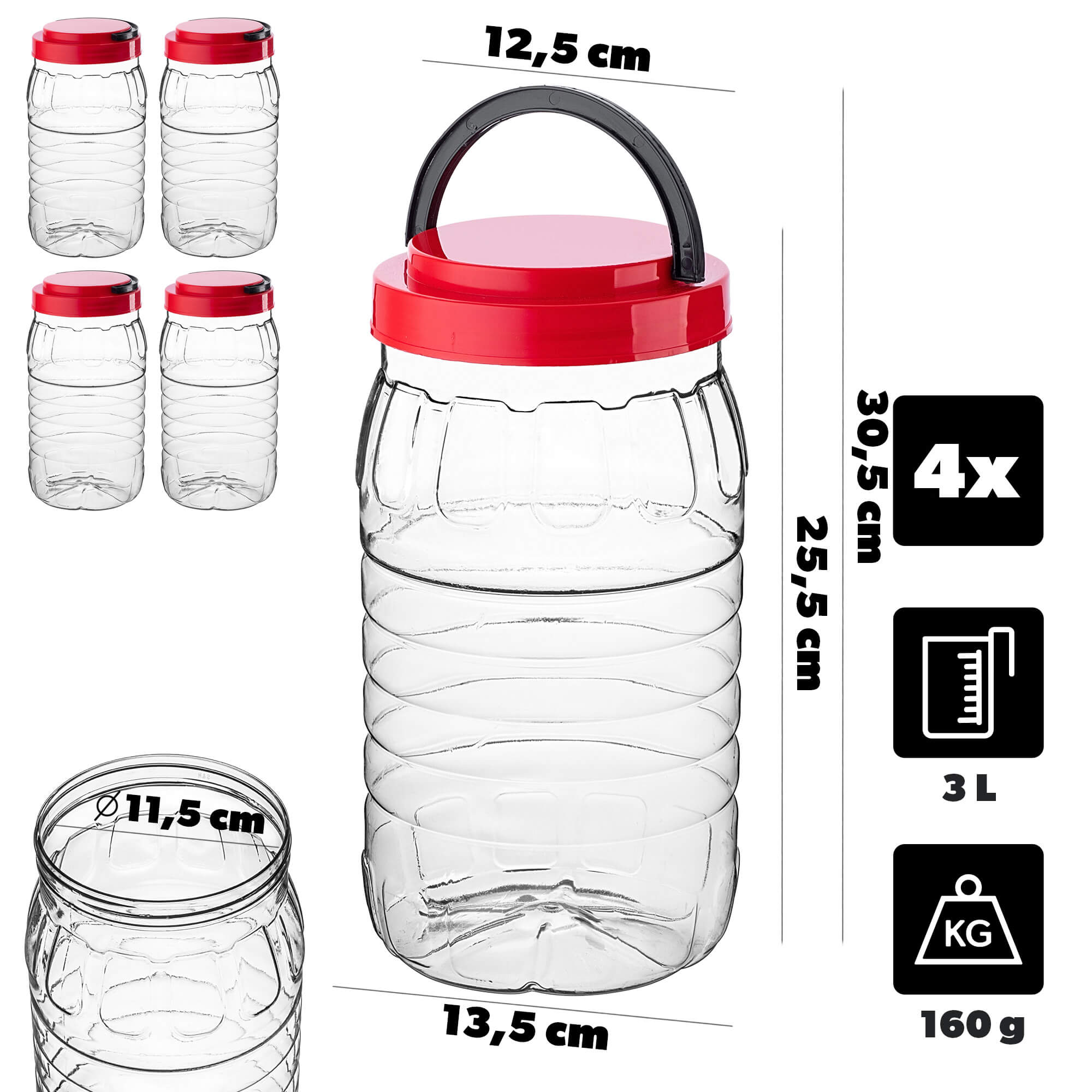 Słoik PET z zakrętką i uchwytem Riccia uniwersalny 3L 4 szt.