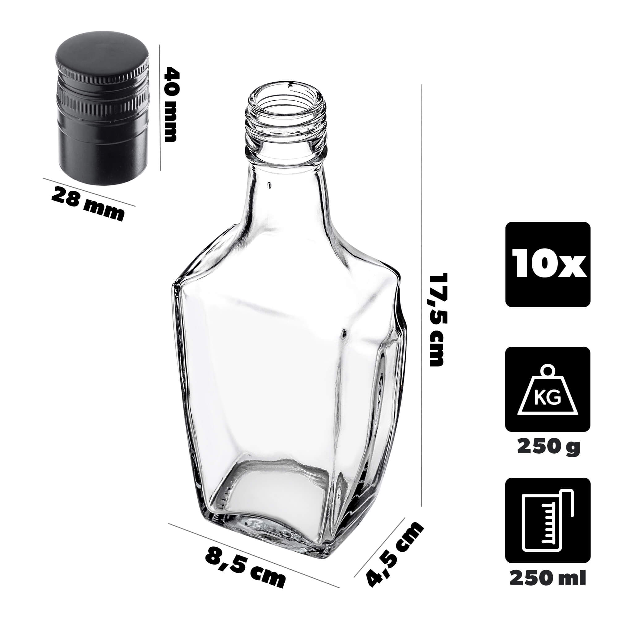 Szklana butelka na nalewkę Faenza 250ml z długą czarną zakrętką 10 szt.