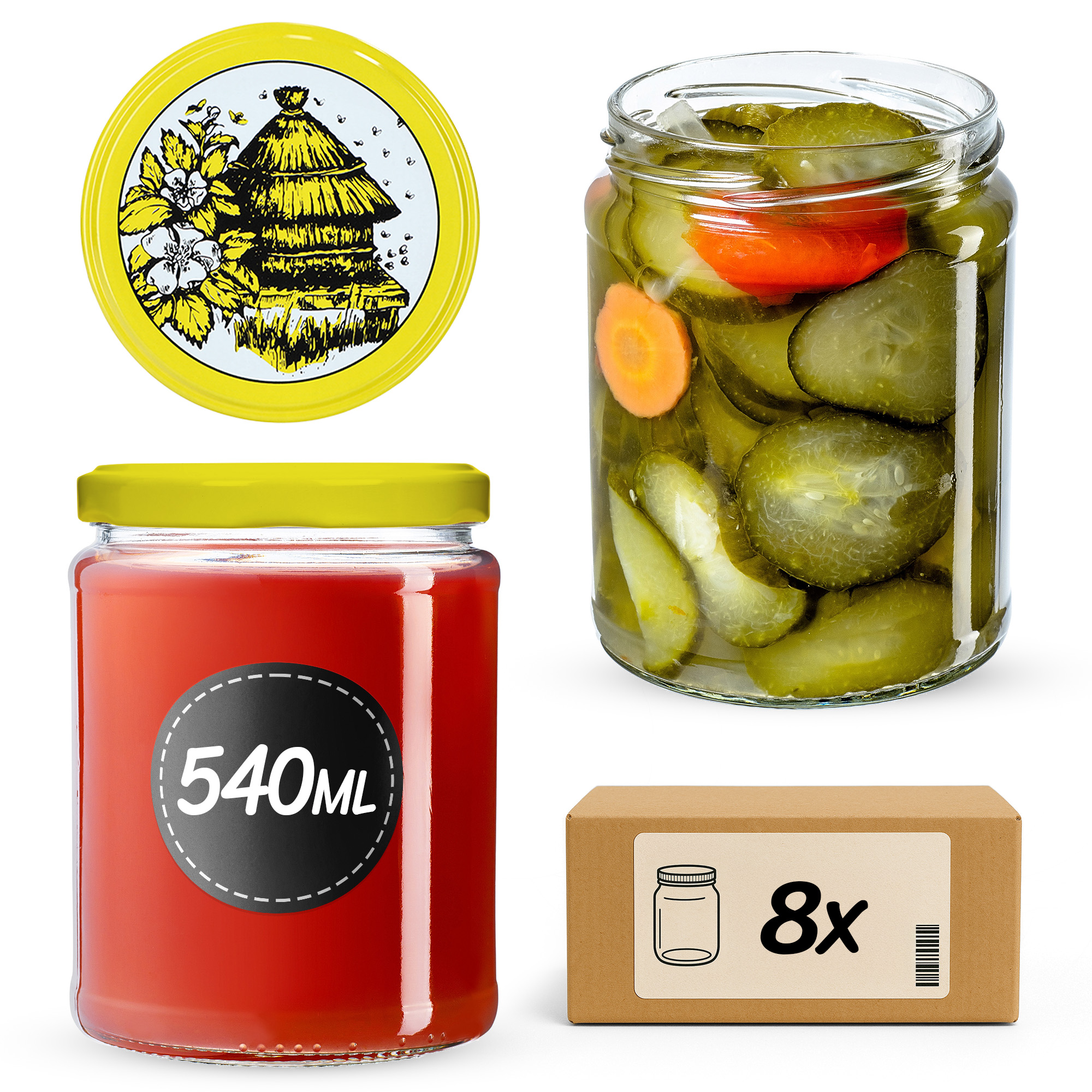 Słoiki na przetwory Maki 540ml 8szt 82mm + wieczka "Pszczoła"
