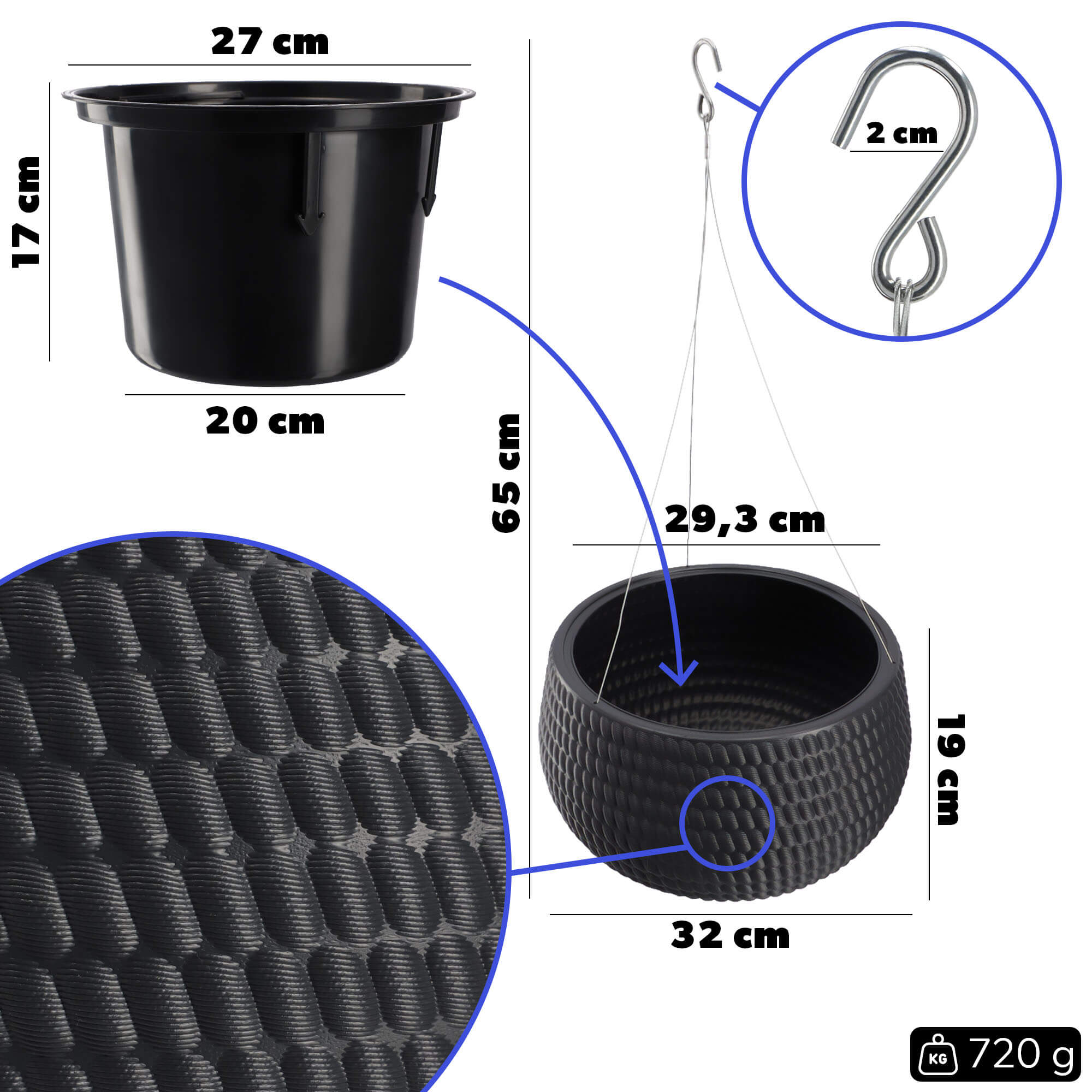 Doniczka kula wisząca z wkładem Serro 29 cm, antracyt