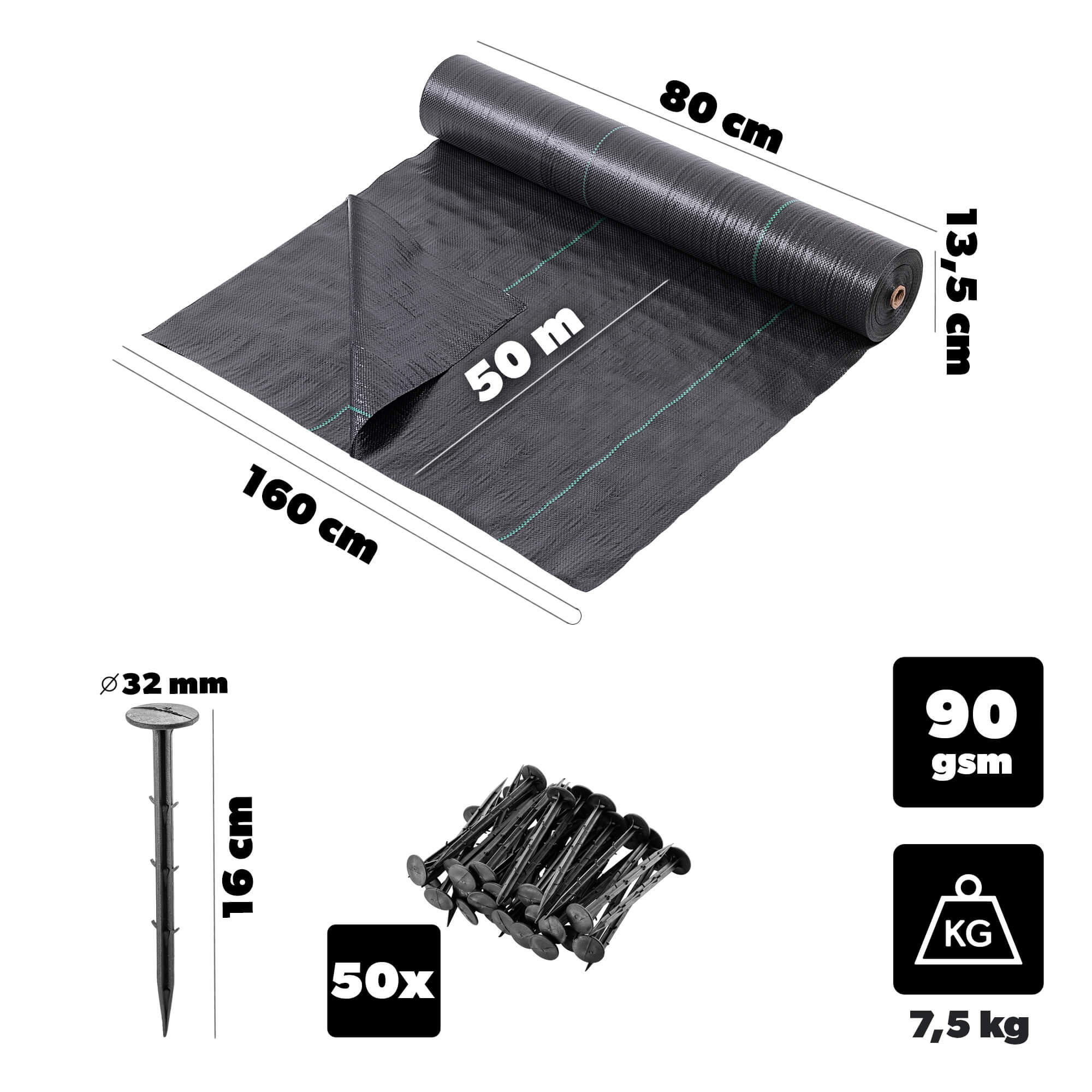 Agrotkanina ogrodowa Auros 1.6 x 50m 90 g/m² czarna + kołki 50 szt.