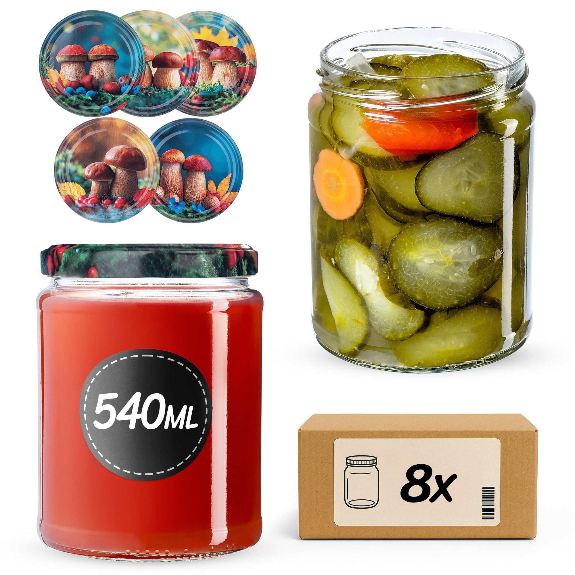 Słoiki na przetwory Maki 540ml fi82mm 8szt + wieczko Grzyb polski