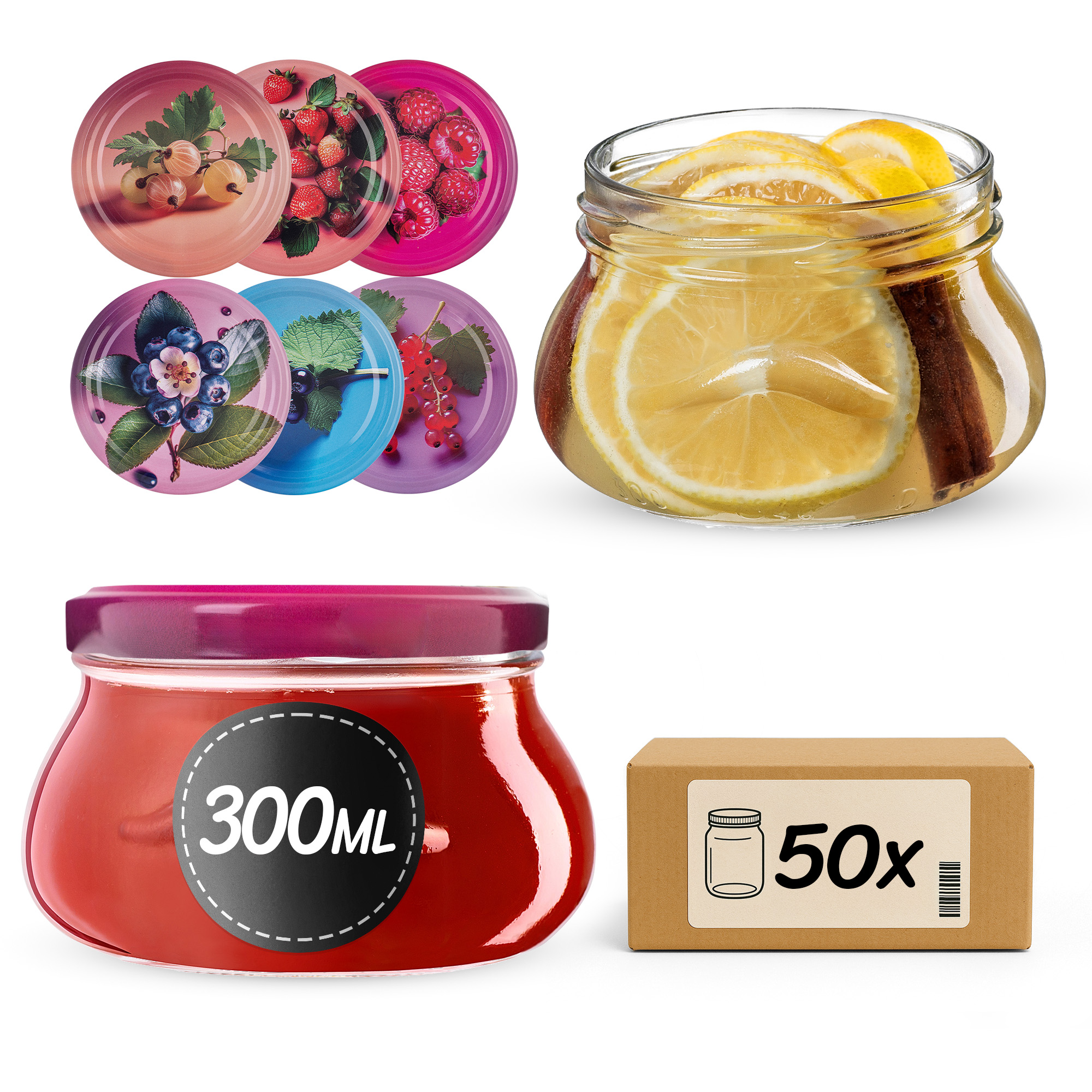 Słoiki na przetwory Raja 300ml fi82mm 50szt + wieczko Jagodowy mix