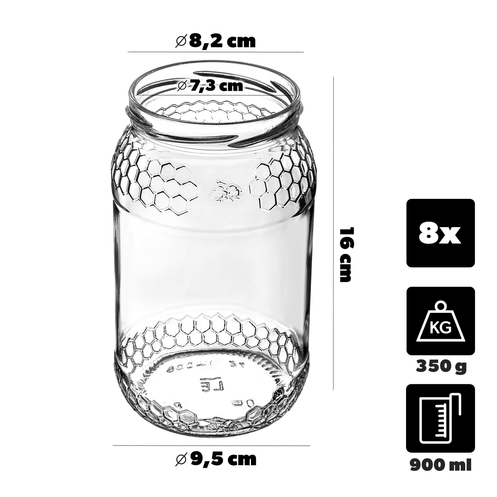 Szklany słój Lierde 900ml 82mm 8 szt. + wieczka "Niebieska pszczoła"