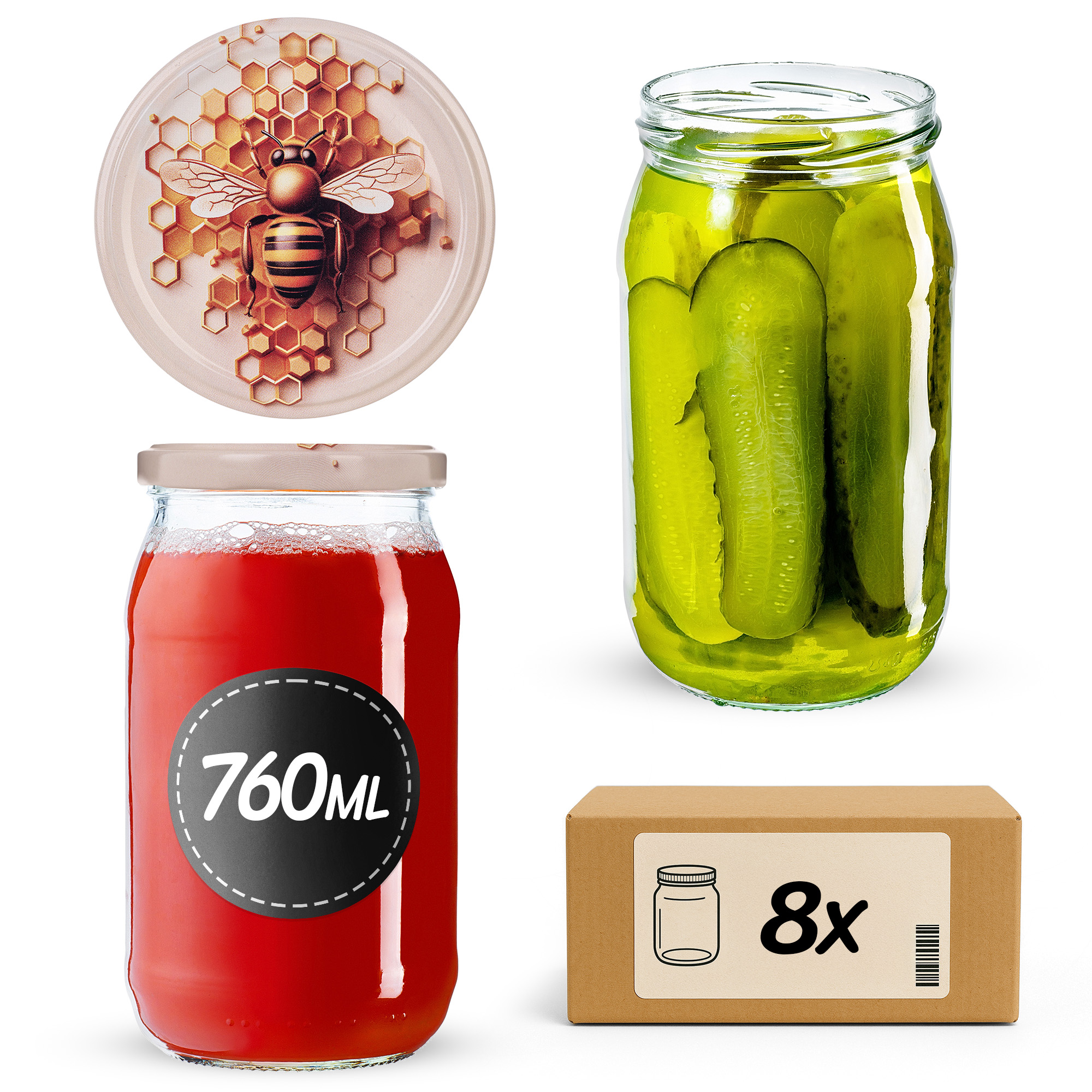 Słoiki na przetwory Niva 760ml fi82mm 8szt + wieczko Pszczoła