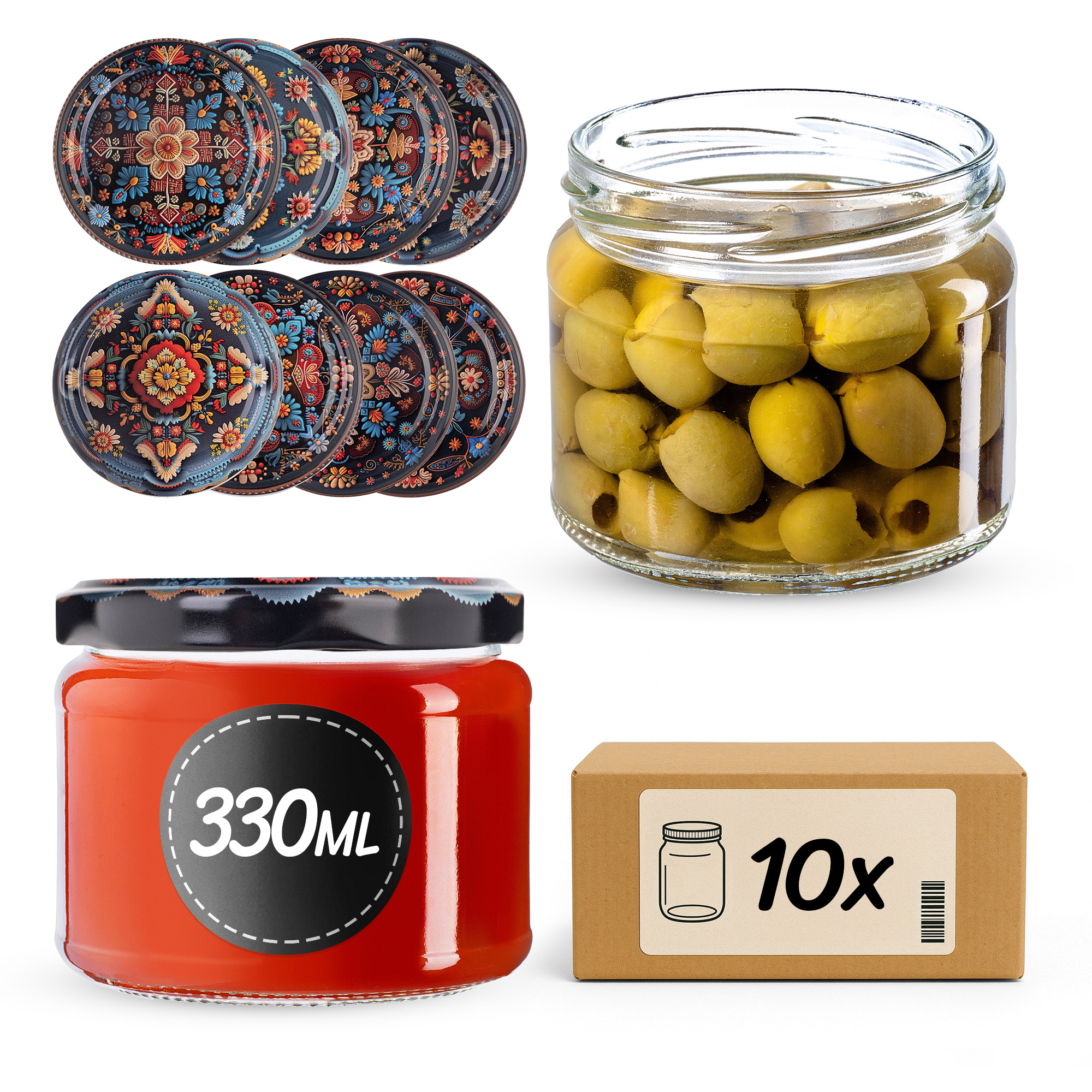 Słoiki na przetwory Sonka 330ml fi82mm 10szt + wieczko Haftowanka