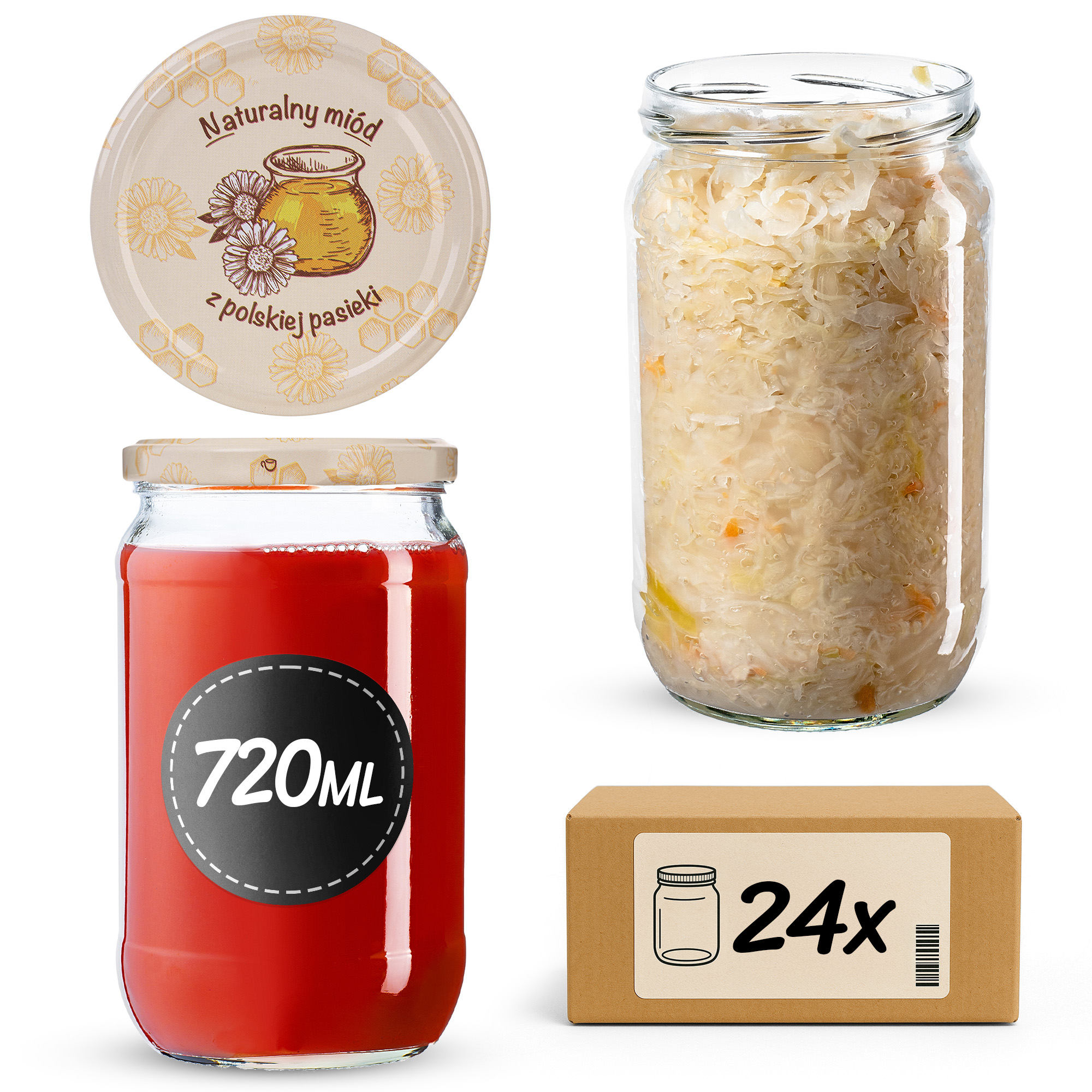 Słoiki na przetwory Niva 720ml fi82mm 24szt + wieczko Miód z pasieki