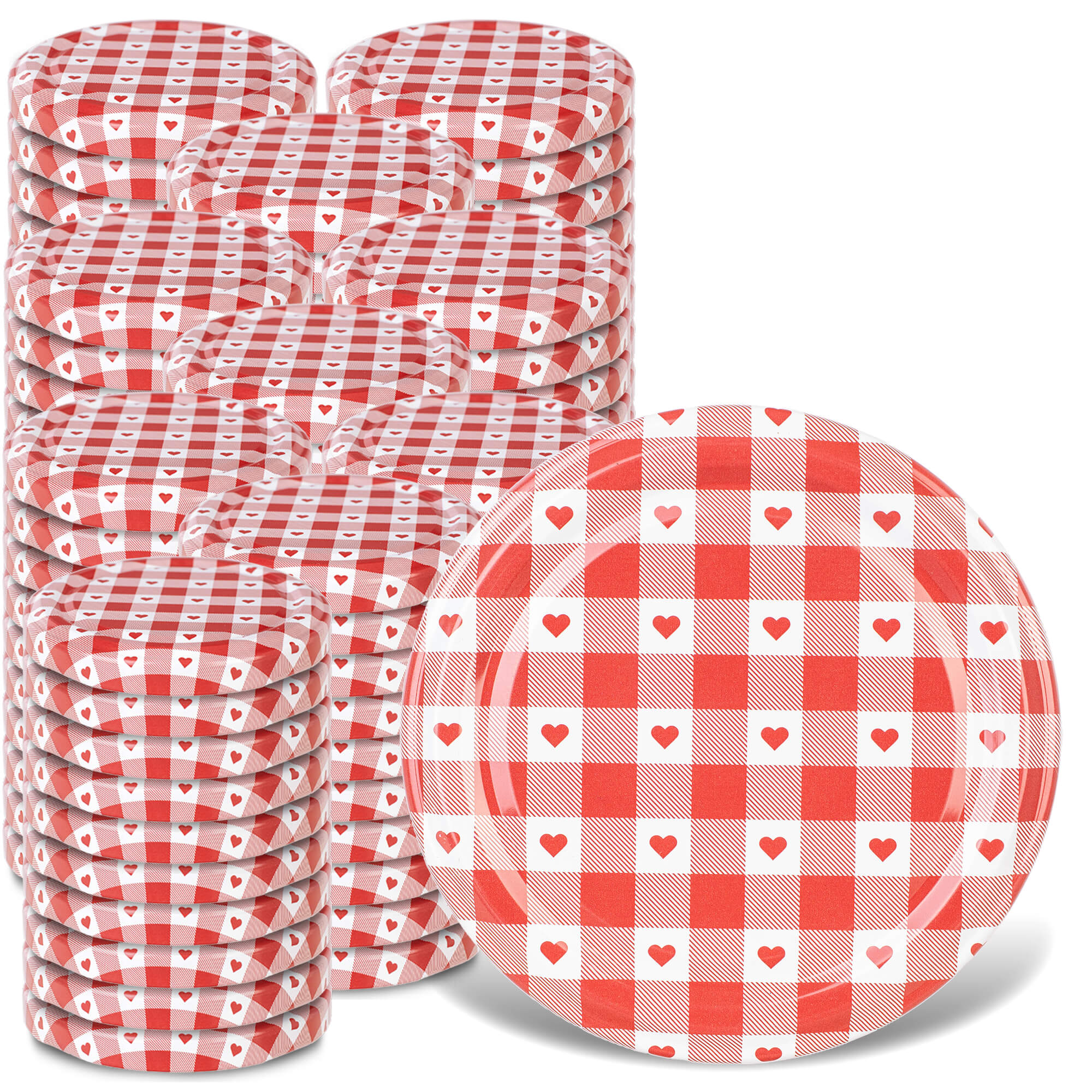 Metalowe wieczka do słoików Valsta 100szt fi 66mm "Czerwona krata z sercami"