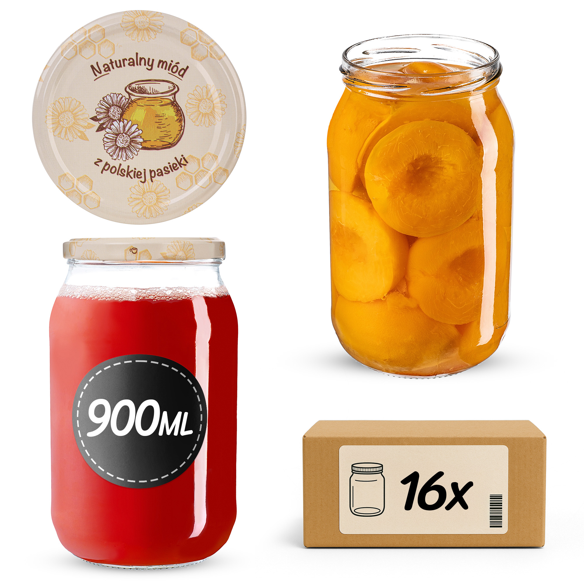 Słoiki na przetwory Simo 900ml fi82mm 16szt + wieczko Miód z pasieki