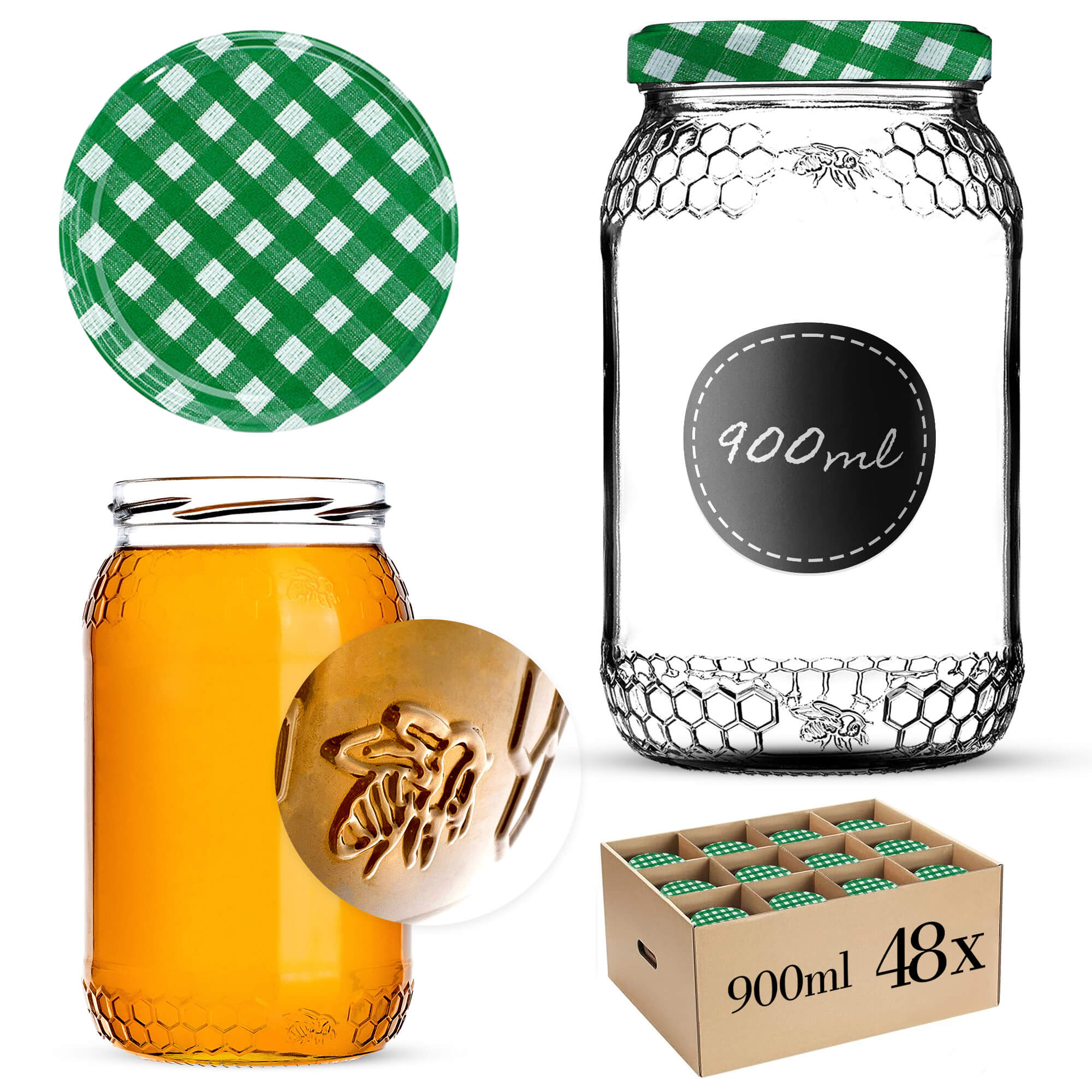 Szklany słój Lierde 900ml 82mm 48 szt. + wieczka "Zielona krata"