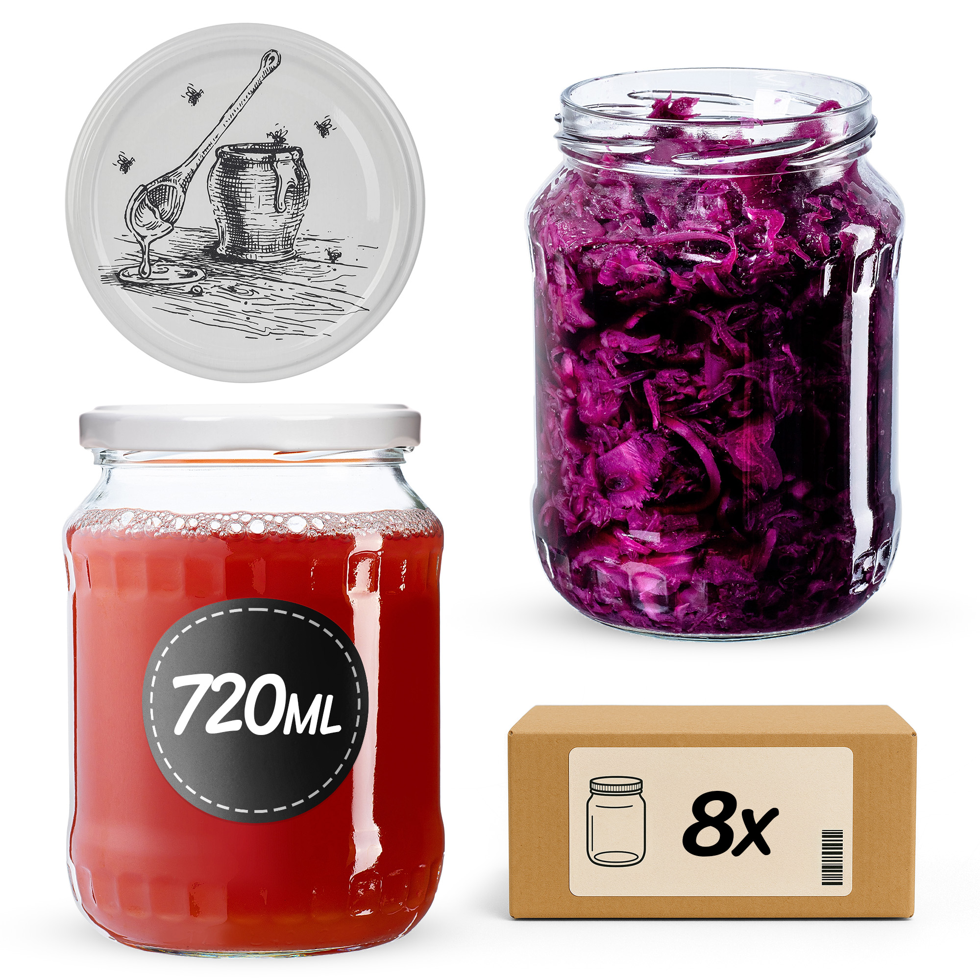 Słoiki na przetwory Jukka 720ml fi82mm 8szt + wieczko Pszczoła