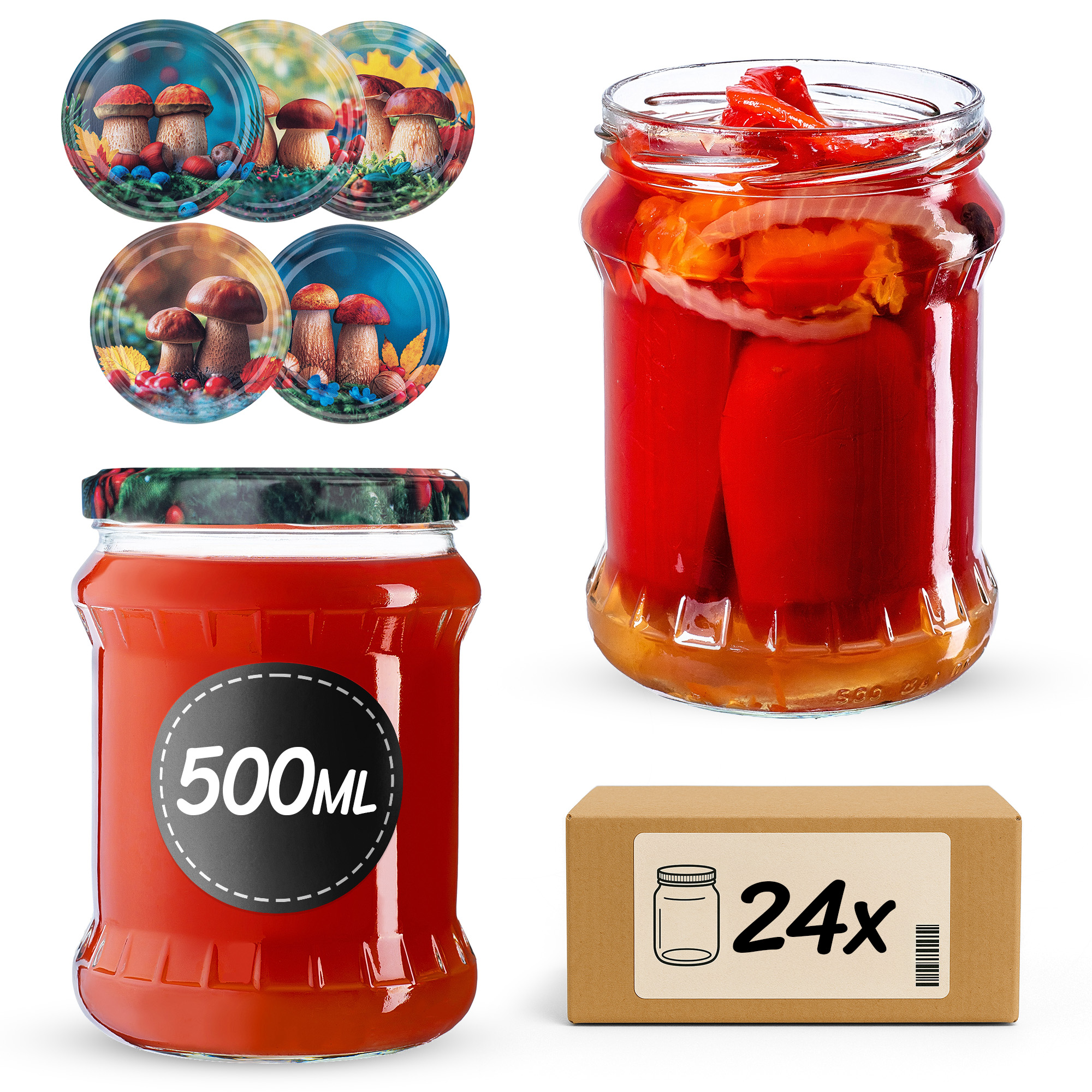 Słoiki na przetwory Kisko 500ml fi82mm 24szt + wieczko Grzyb polski