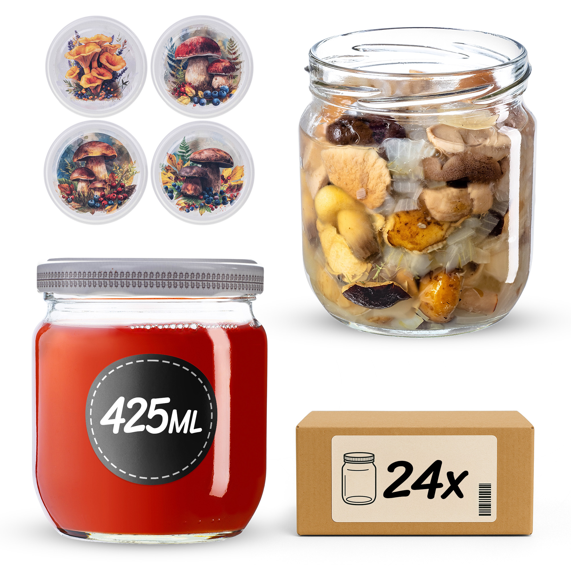 Słoiki na przetwory Salla 425ml fi82mm 24szt + wieczko Grzyb akwarela