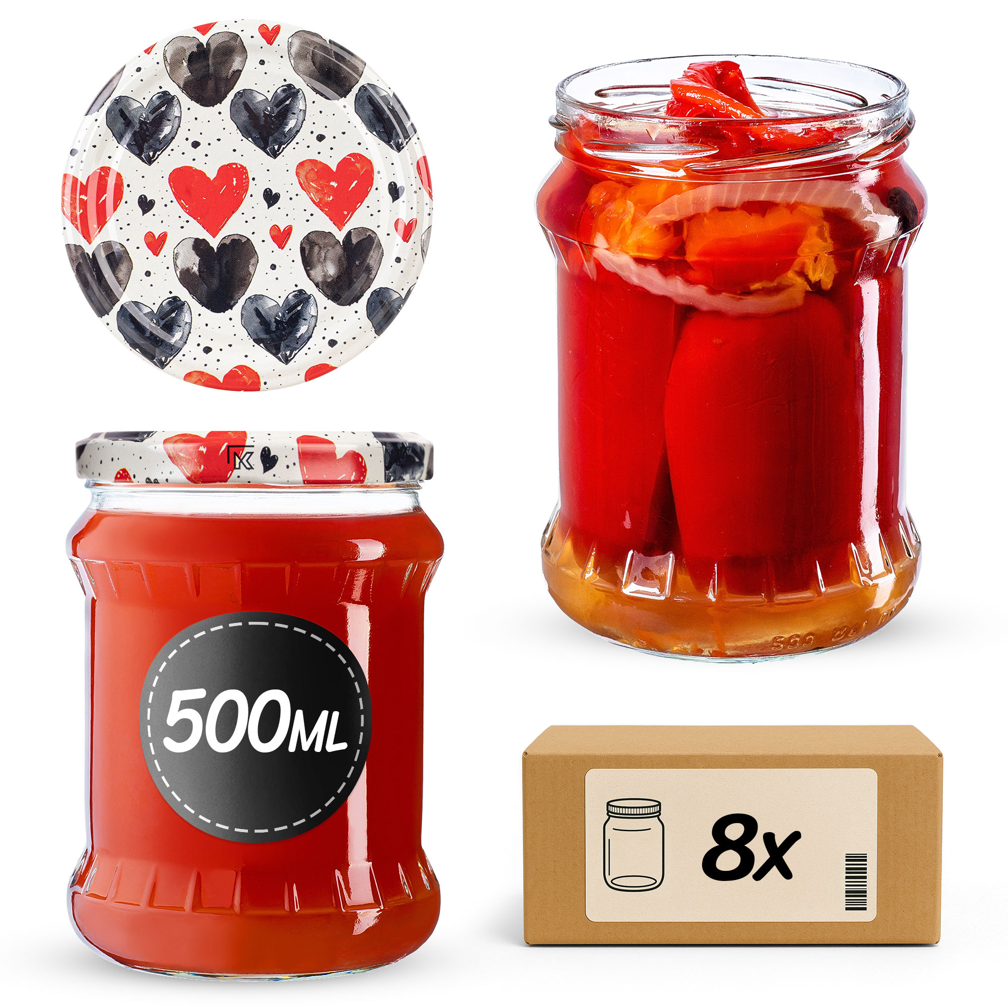 Słoiki na przetwory Kisko 500ml fi82mm 8szt + wieczko Serca