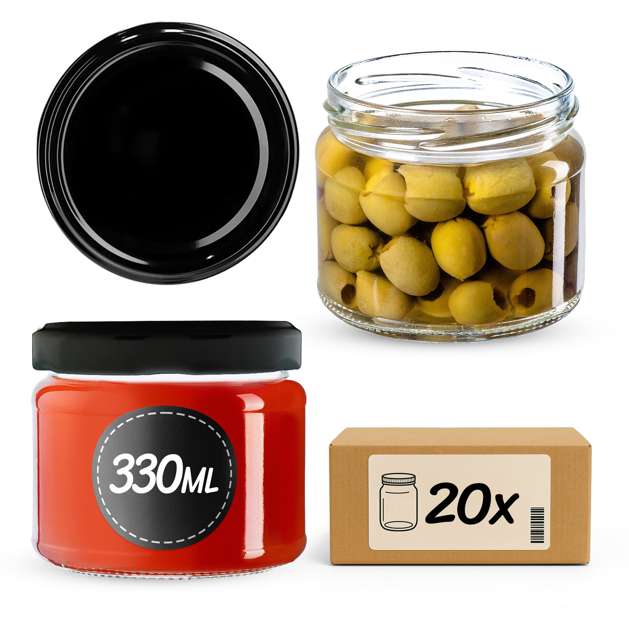 Słoiki na przetwory Sonka 330ml 20szt 82mm + wieczka czarne
