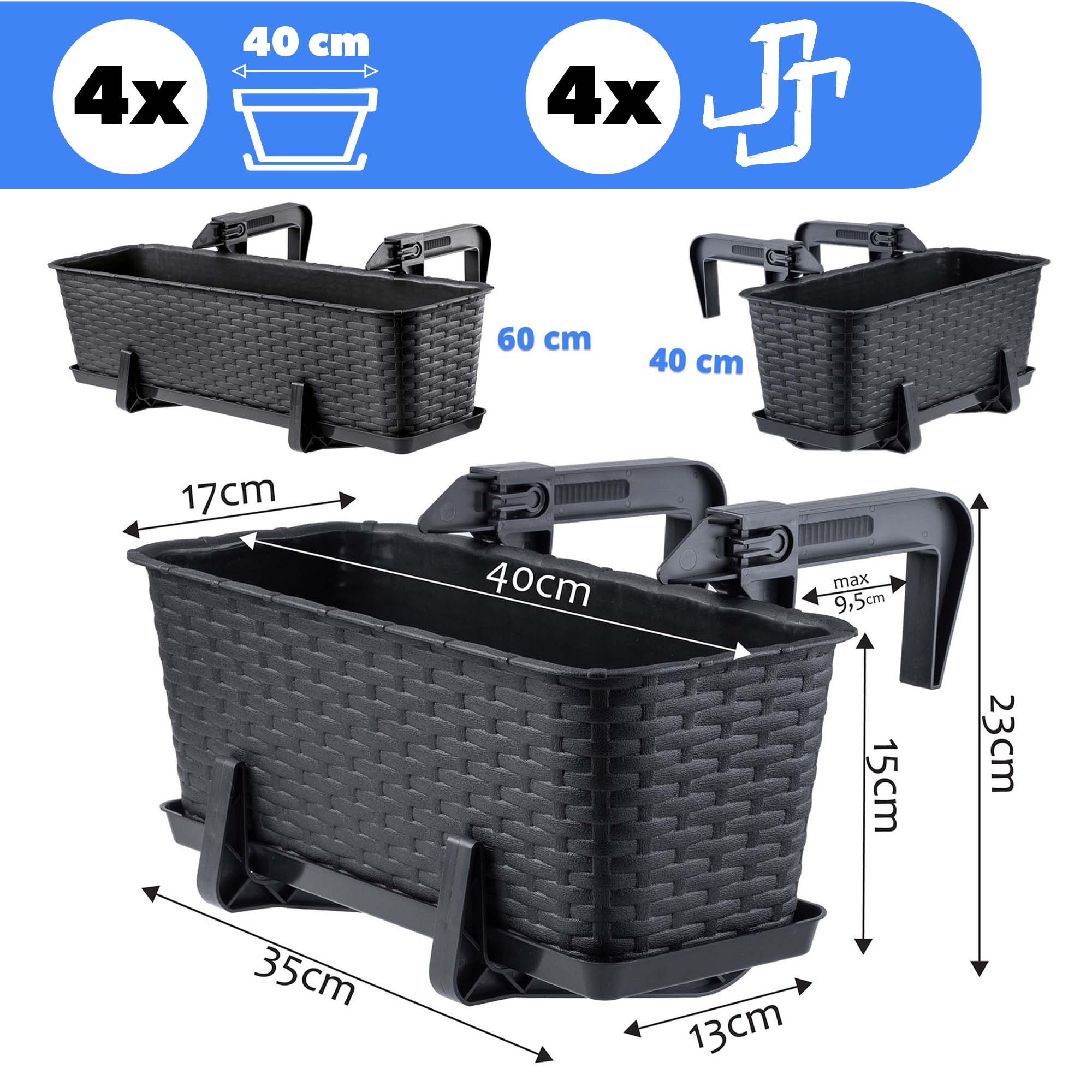 Skrzynka balkonowa z uchwytami Castro antracyt 40 cm, 4 szt.