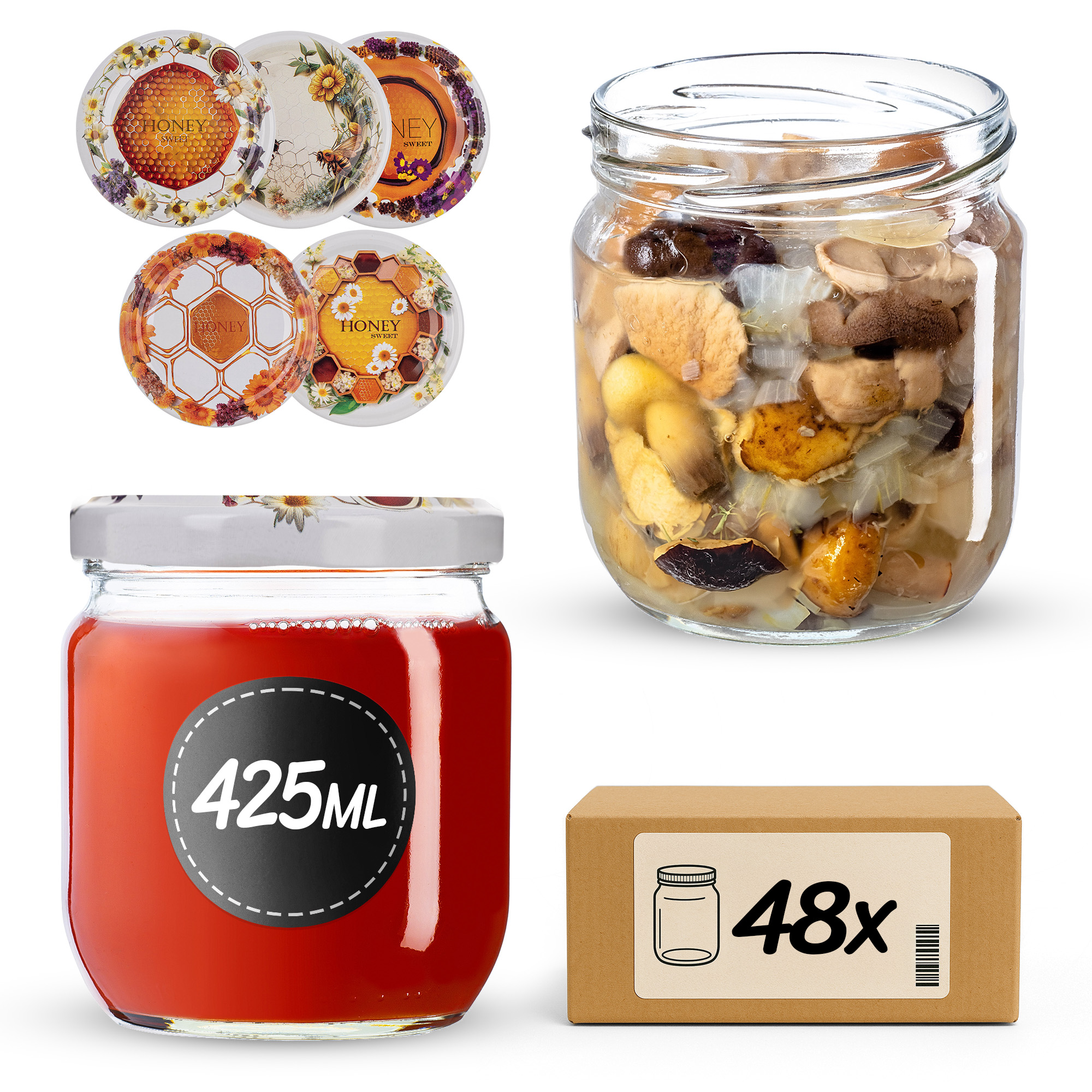 Słoiki na przetwory Salla 425ml fi82mm 48szt + wieczko Miodowy mix