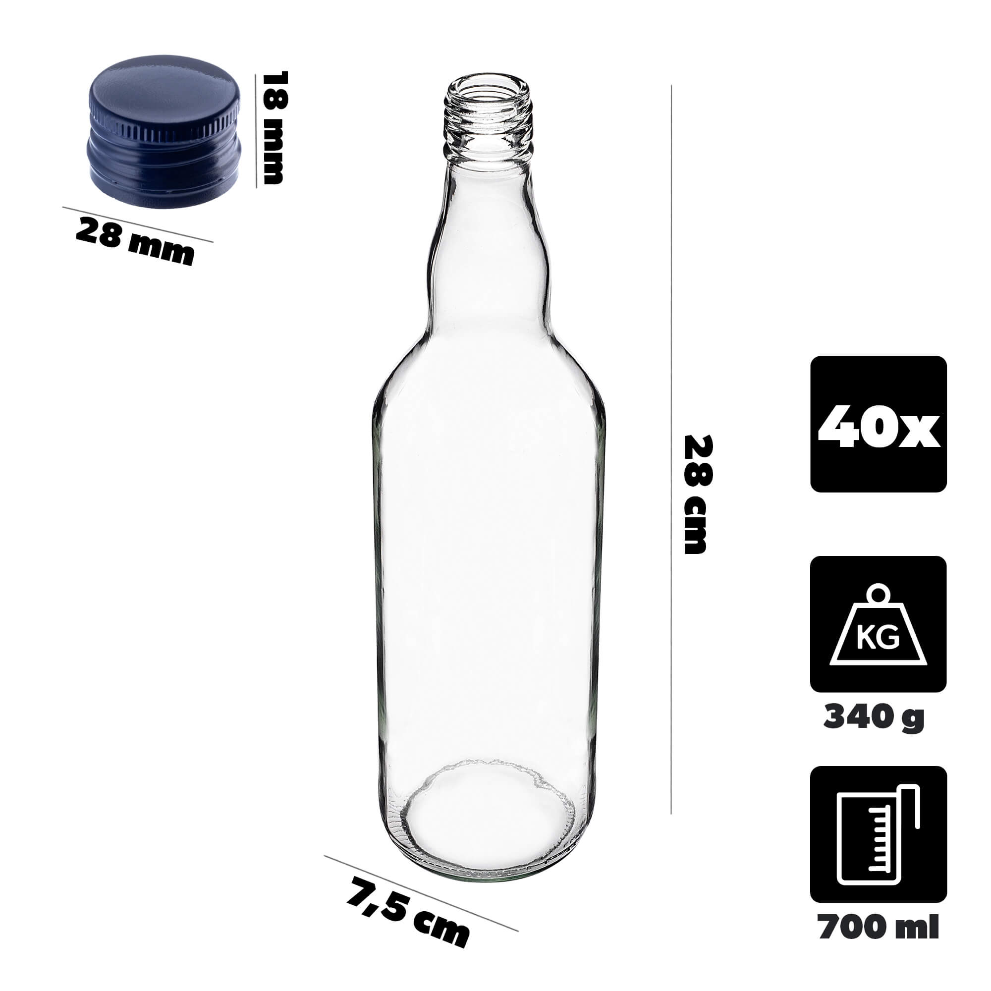 Szklana butelka Monopol 700ml z granatową zakrętką 40 szt.