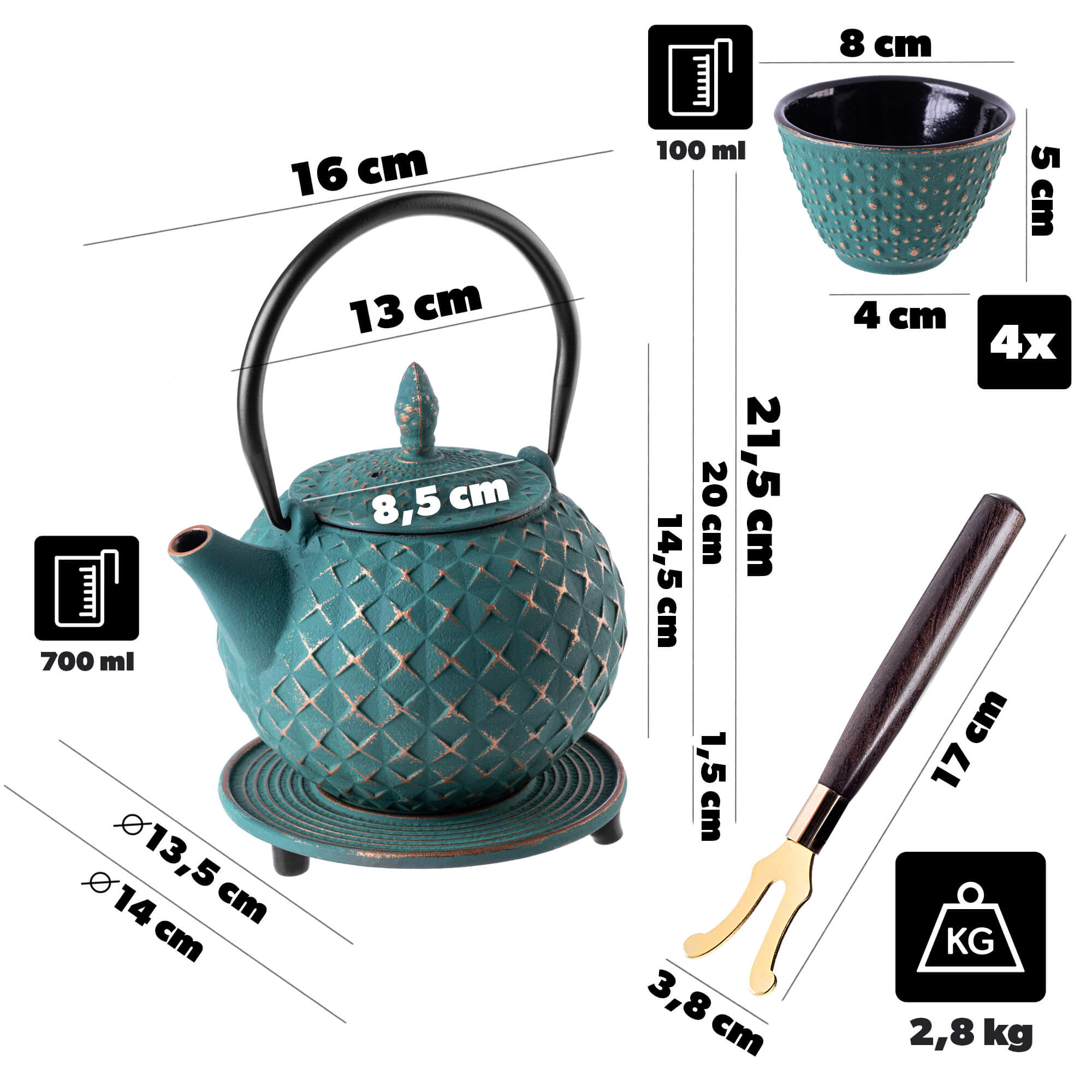 Czajnik żeliwny z czarkami i zaparzaczem Genua zielony