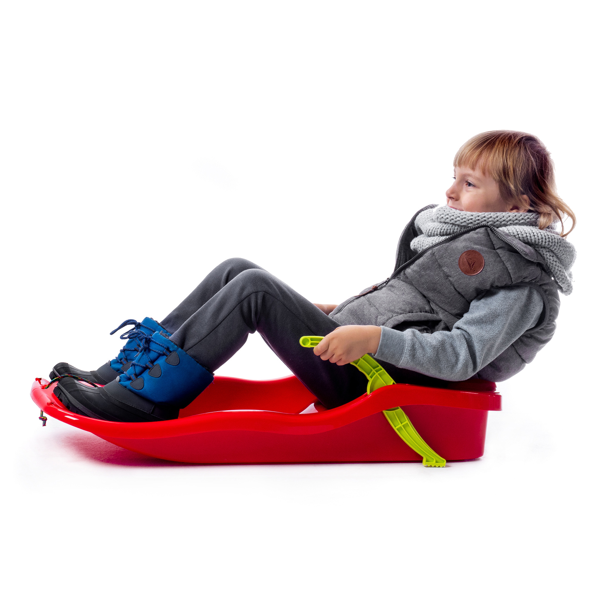 Sanki plastikowe z rączkami, hamulcem i linką, czerwone