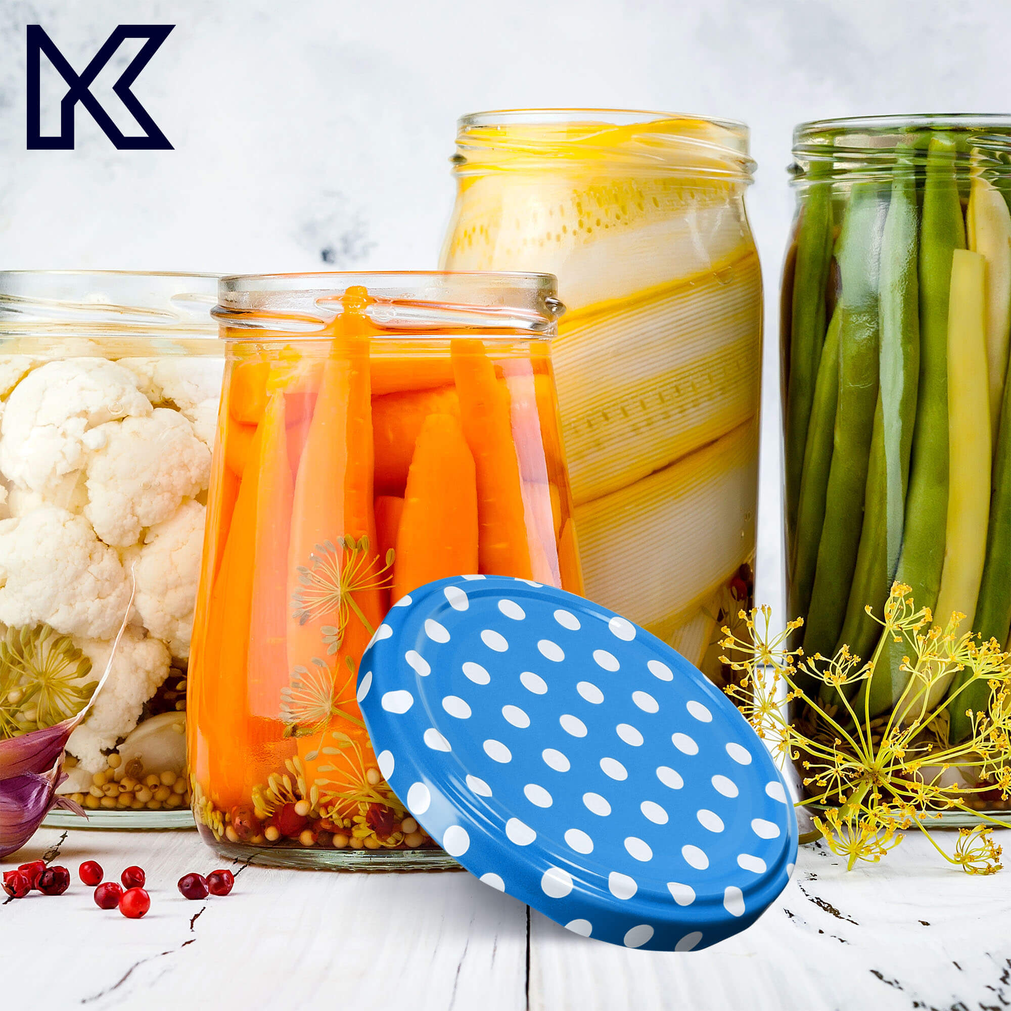 Słoiki na przetwory Denia 250ml 50szt 82mm + wieczko "Niebieski groszek"
