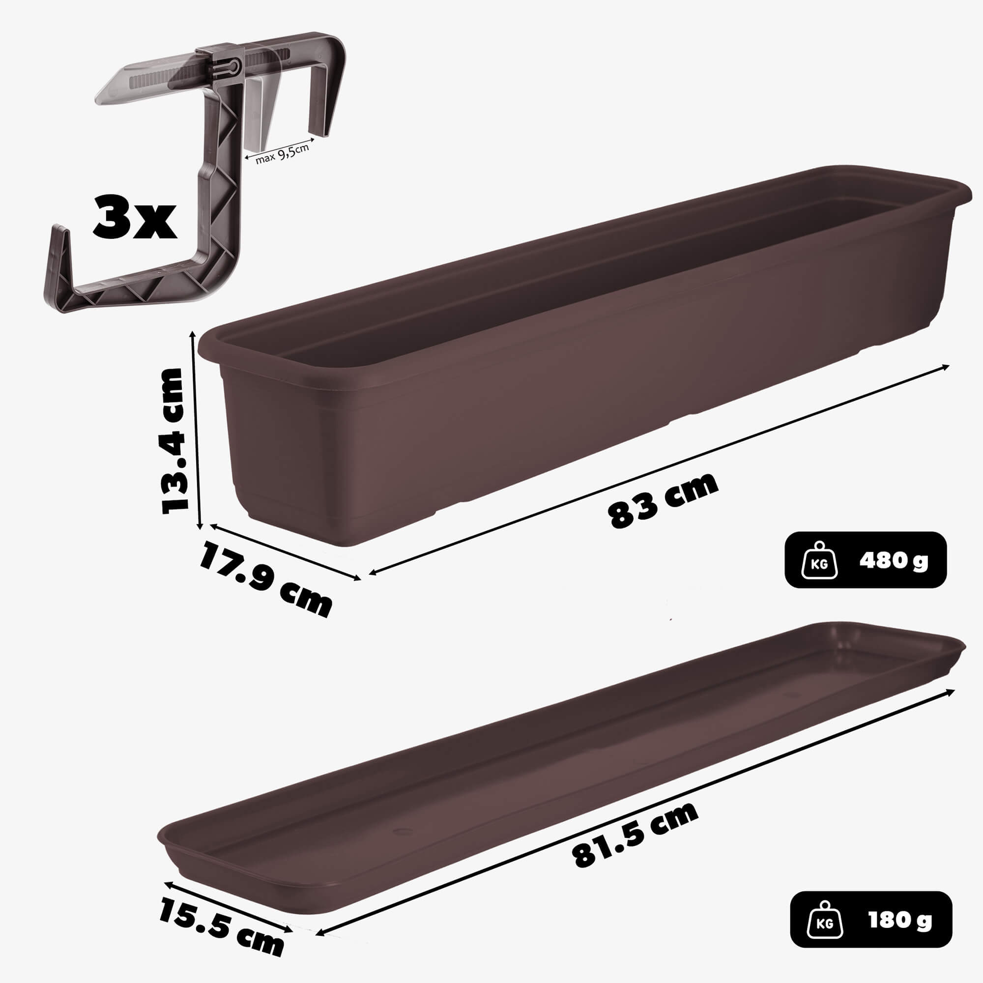 Skrzynka balkonowa z uchwytami i podstawką Evron 80 cm, brązowa