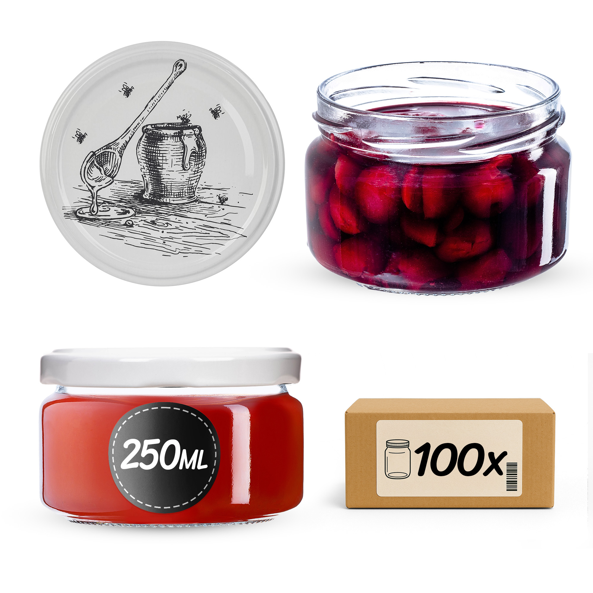 Słoiki na przetwory Denia 250ml 100szt 82mm + wieczko "Pszczoła"