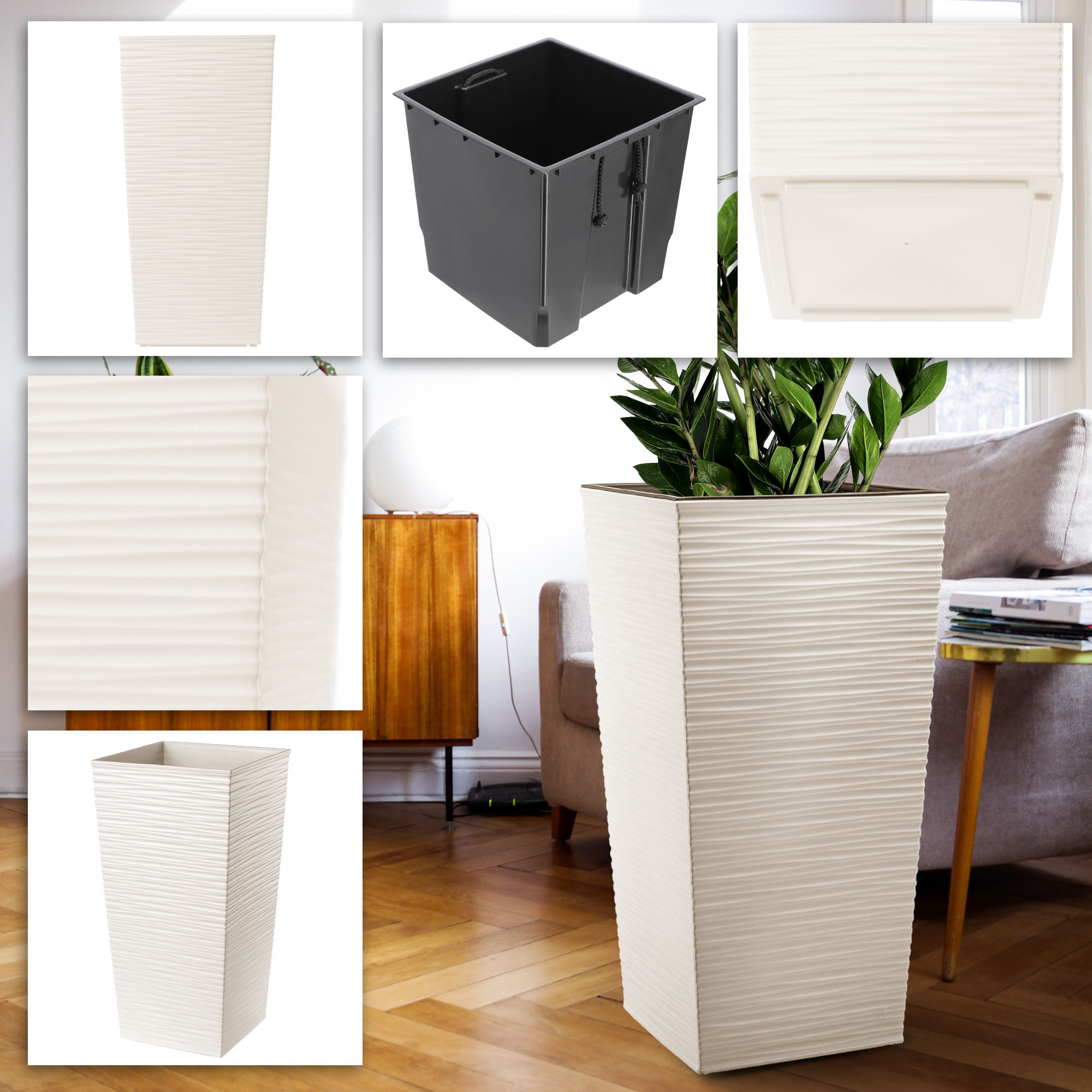 Donice z wkładem Tuluza dłuto 25 cm + 30 cm + 35 cm, kremowe