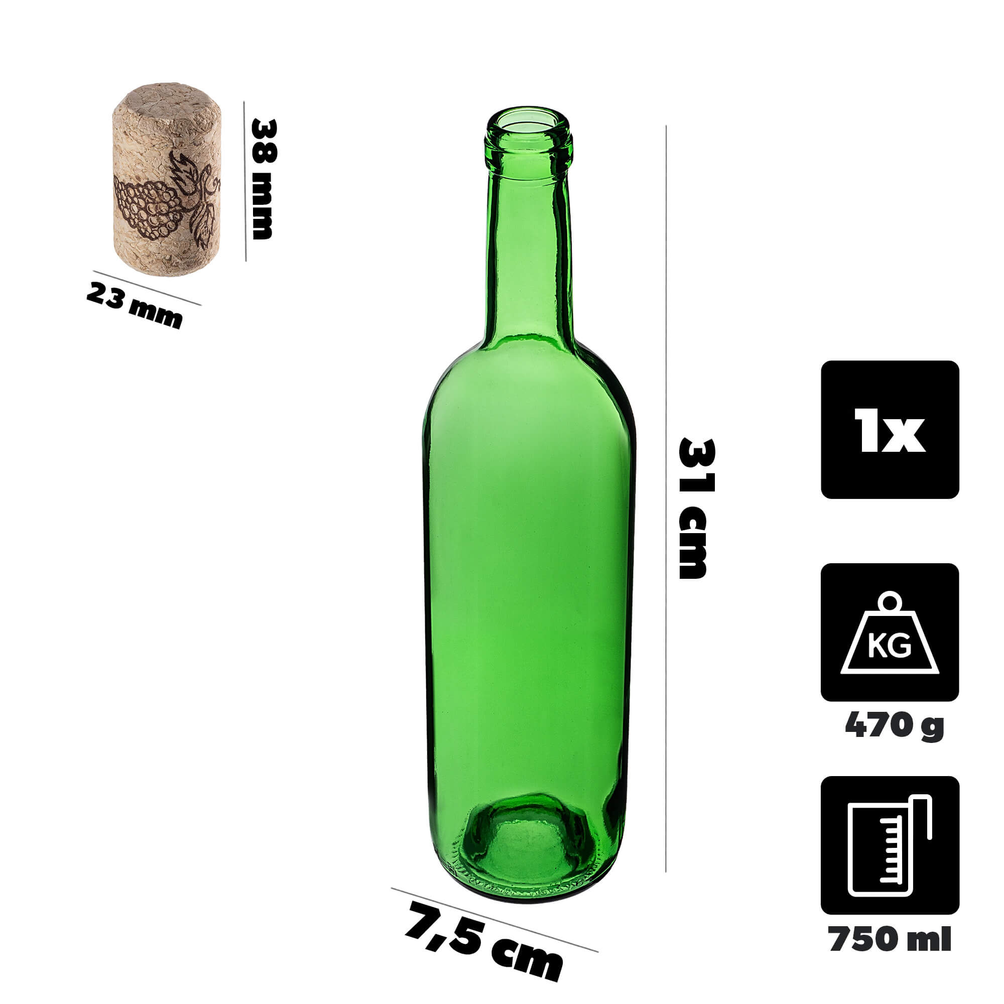 Butelka na wino Biagio 750ml zielona z korkiem aglomerowanym 1 szt.