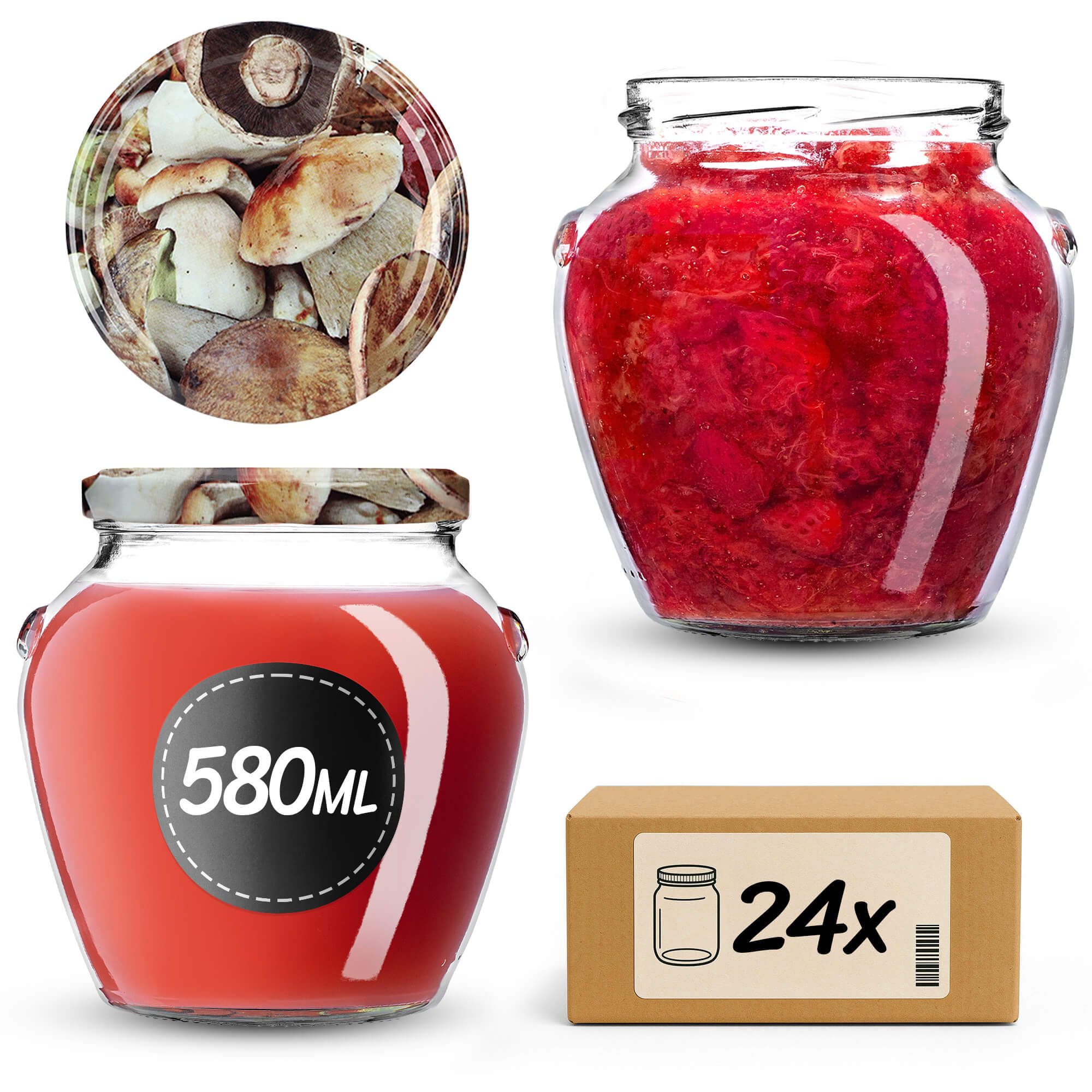 Słoiki na przetwory Sassa 580ml 24szt 82mm + wieczka "Grzyby"