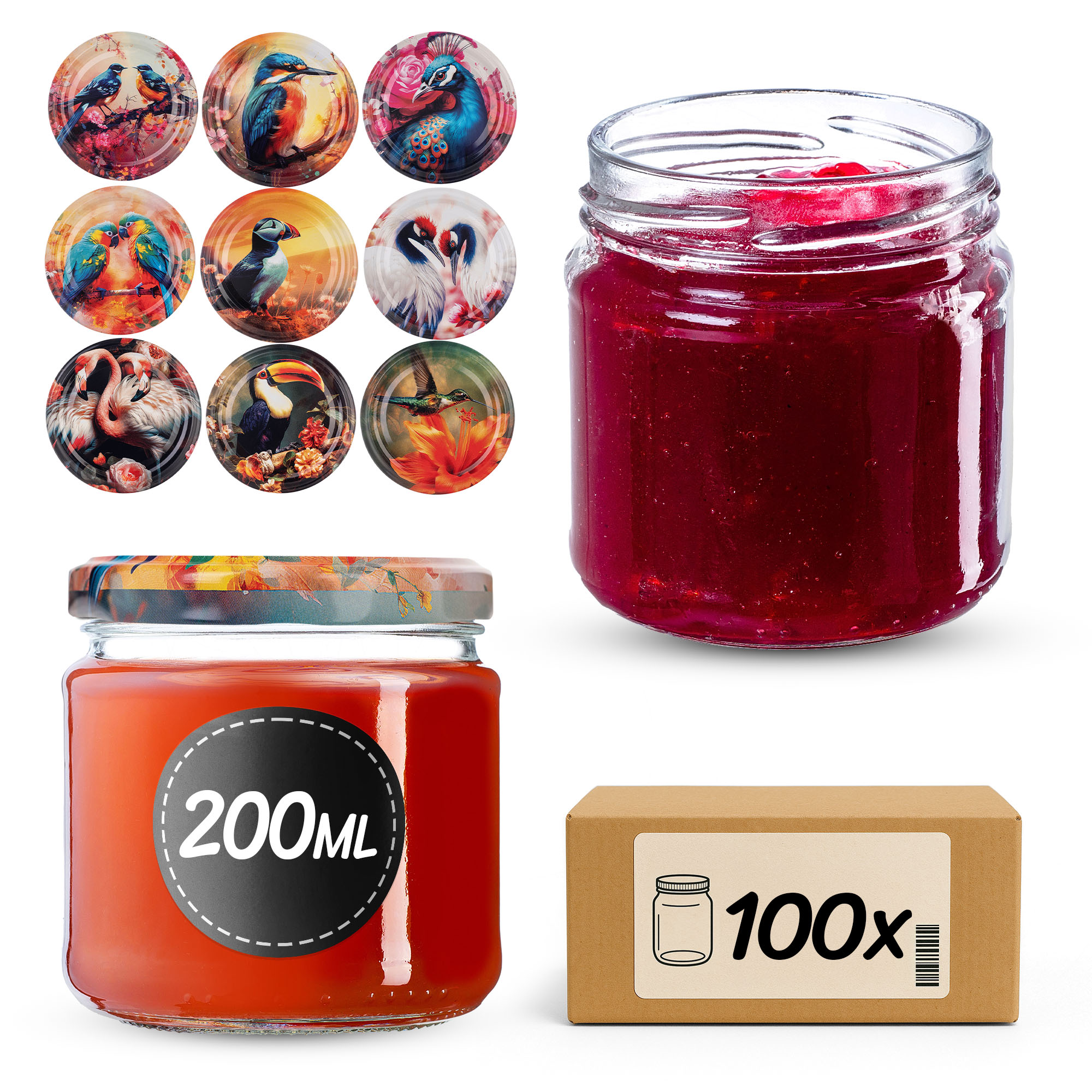 Słoiki na przetwory Lerma 200ml 100szt 66mm + wieczka "Ptaki"