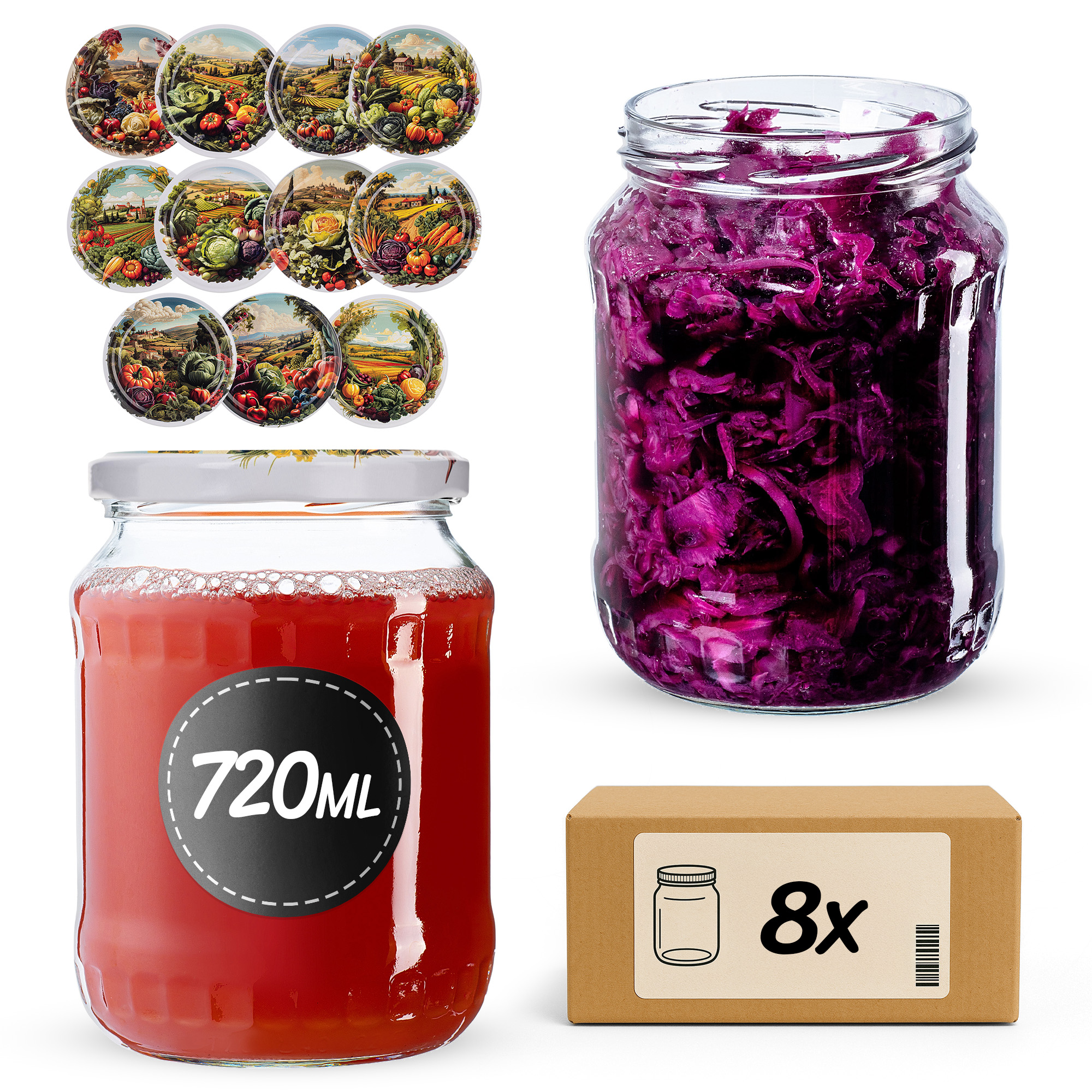 Słoiki na przetwory Jukka 720ml fi82mm 8szt + wieczko Warzywa mix