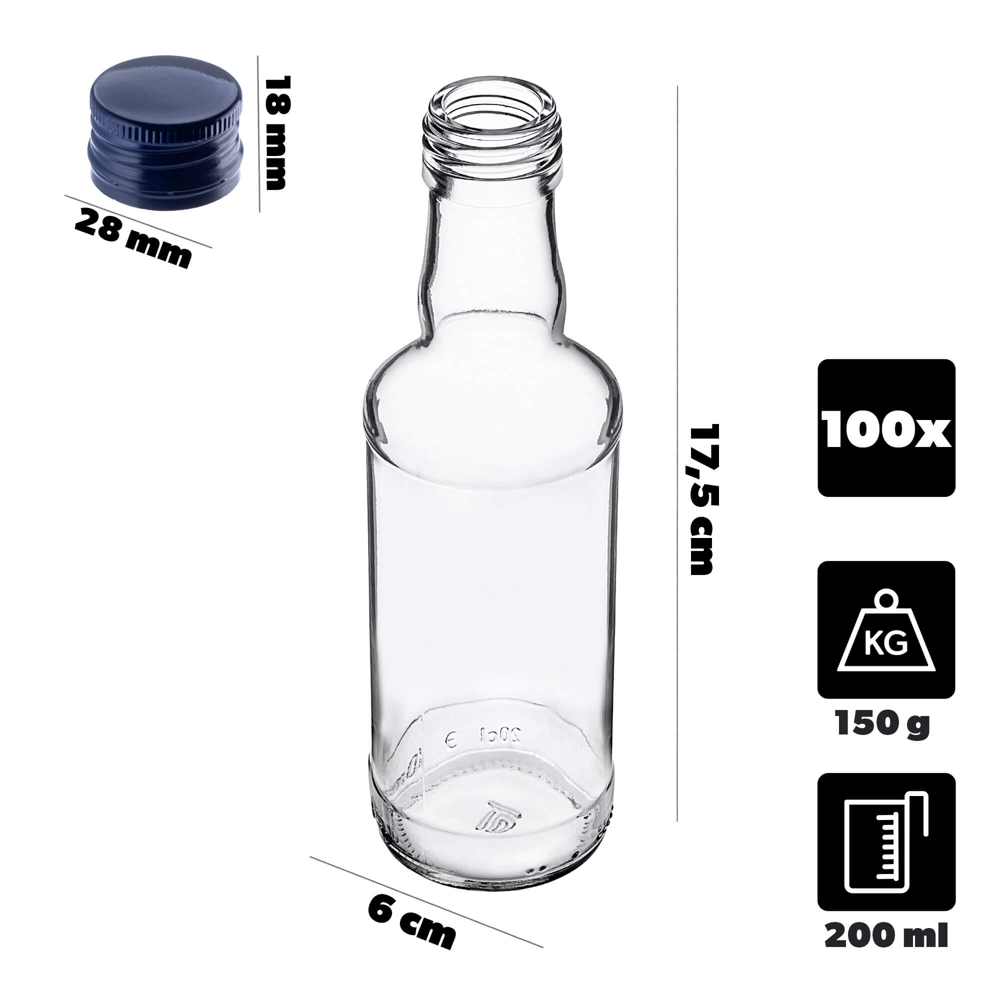 Szklana butelka Monopol 200ml z granatową zakrętką 100 szt.