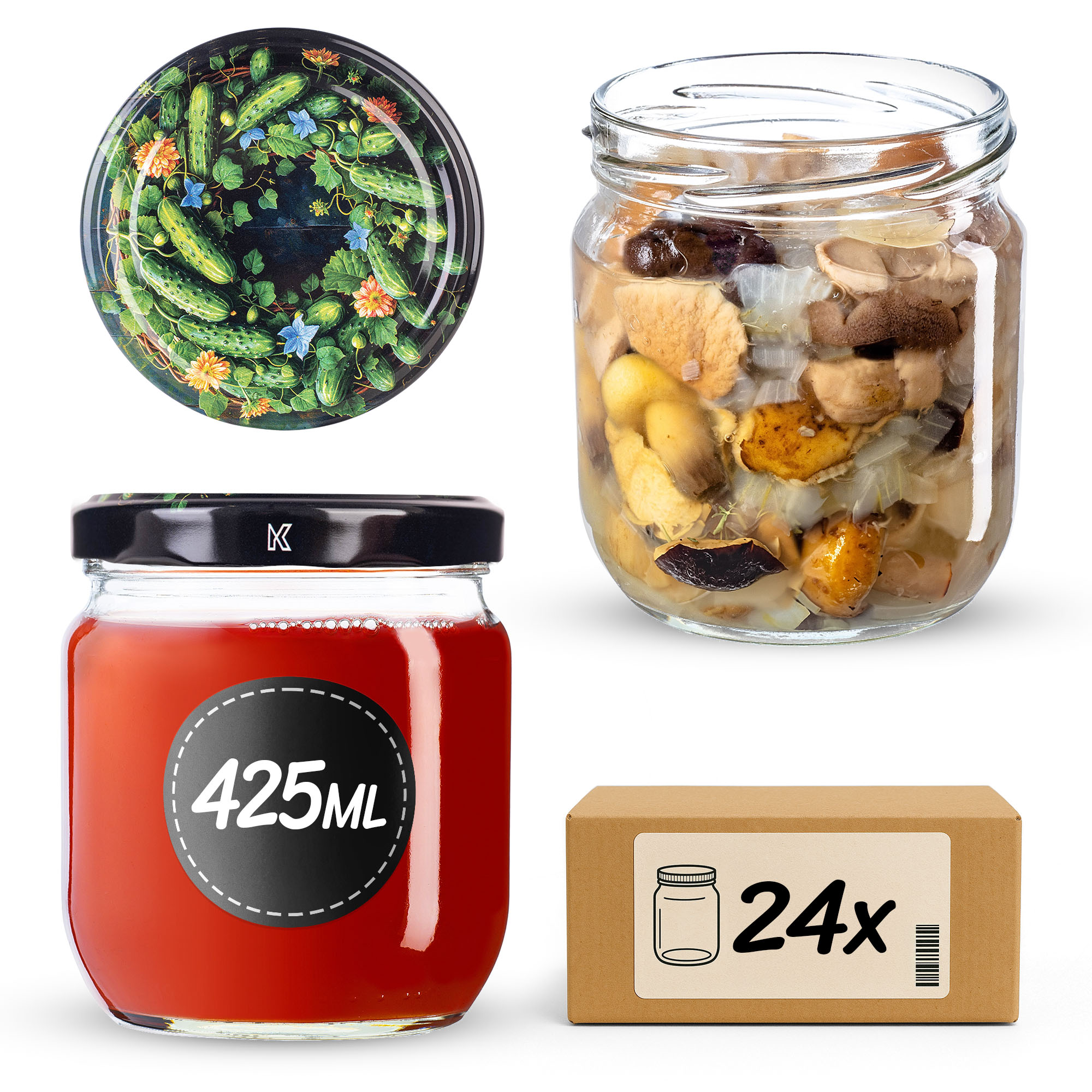 Słoiki na przetwory Salla 425ml fi82mm 24szt + wieczko Ogórki czarne