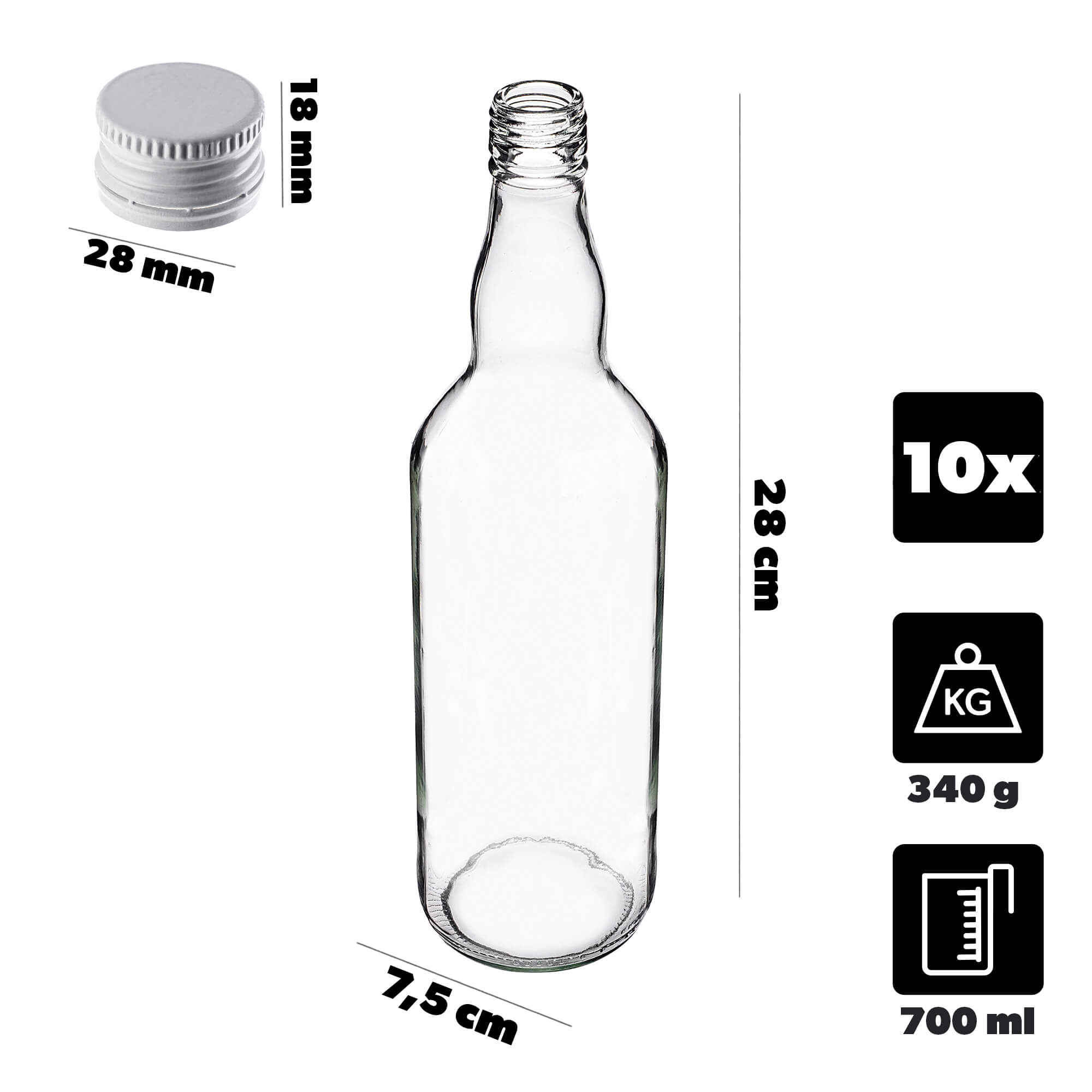 Szklana butelka Monopol 700ml z białą zakrętką 10 szt.