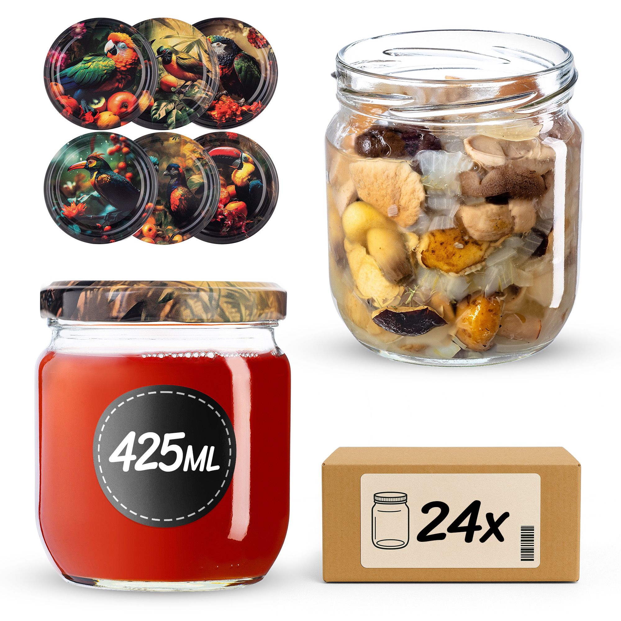 Słoiki na przetwory Salla 425ml fi82mm 24szt + wieczko Ptaki