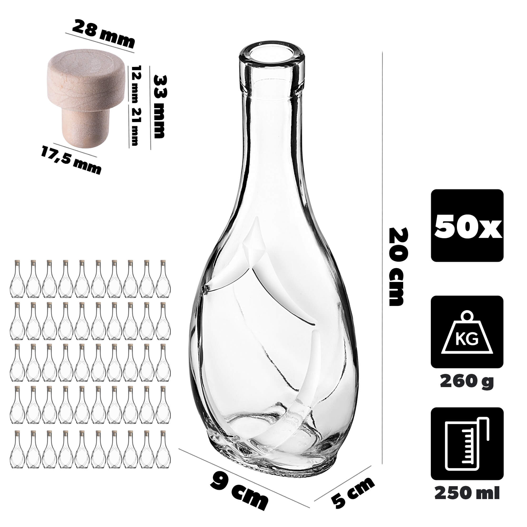 Szklana butelka na nalewkę Icona 250ml z korkiem syntetycznym 50 szt.