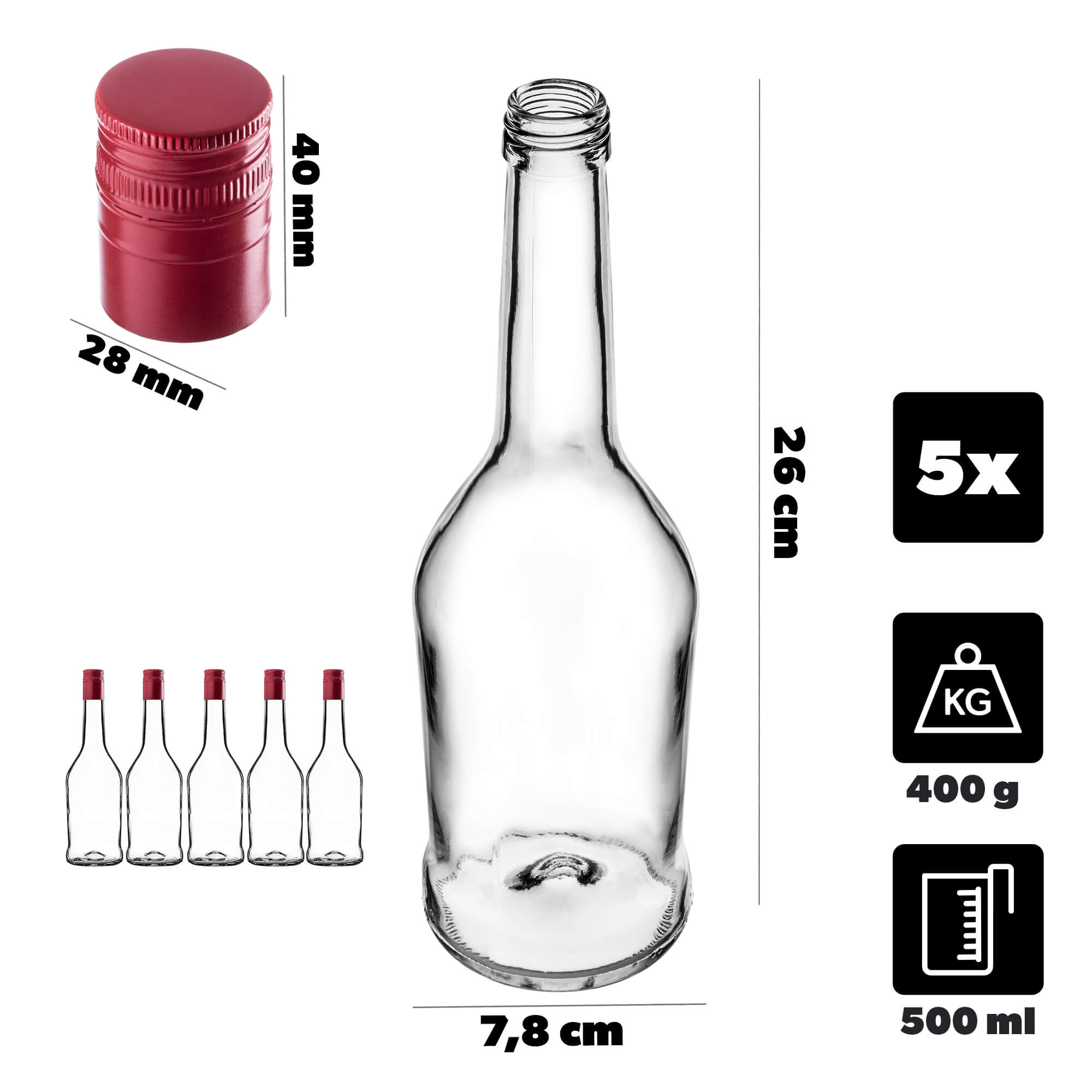 Szklana butelka na nalewkę Loiret 500ml z długą czerwoną zakrętką 5 szt.